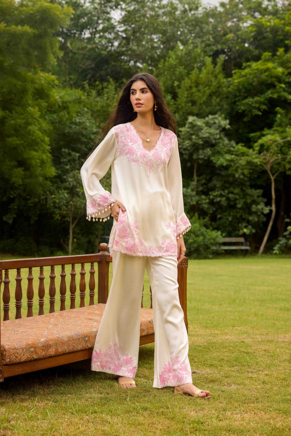 White & Pink Co-ord Set with Embroidered Flared Pants