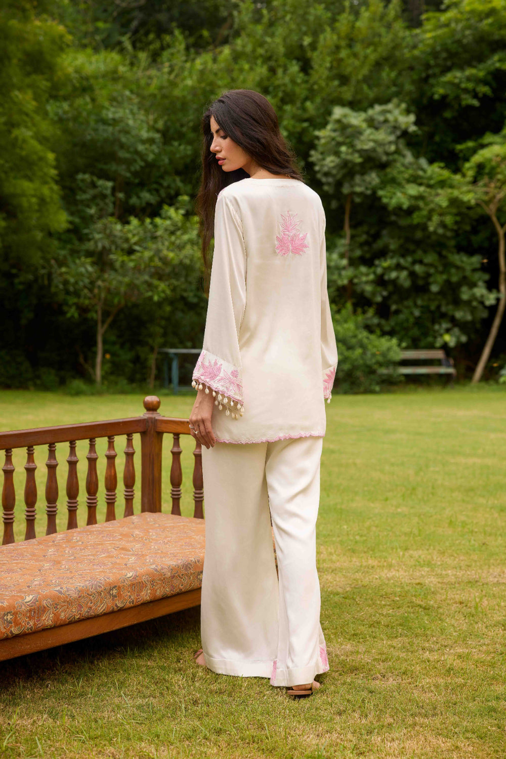 White & Pink Co-ord Set with Embroidered Flared Pants