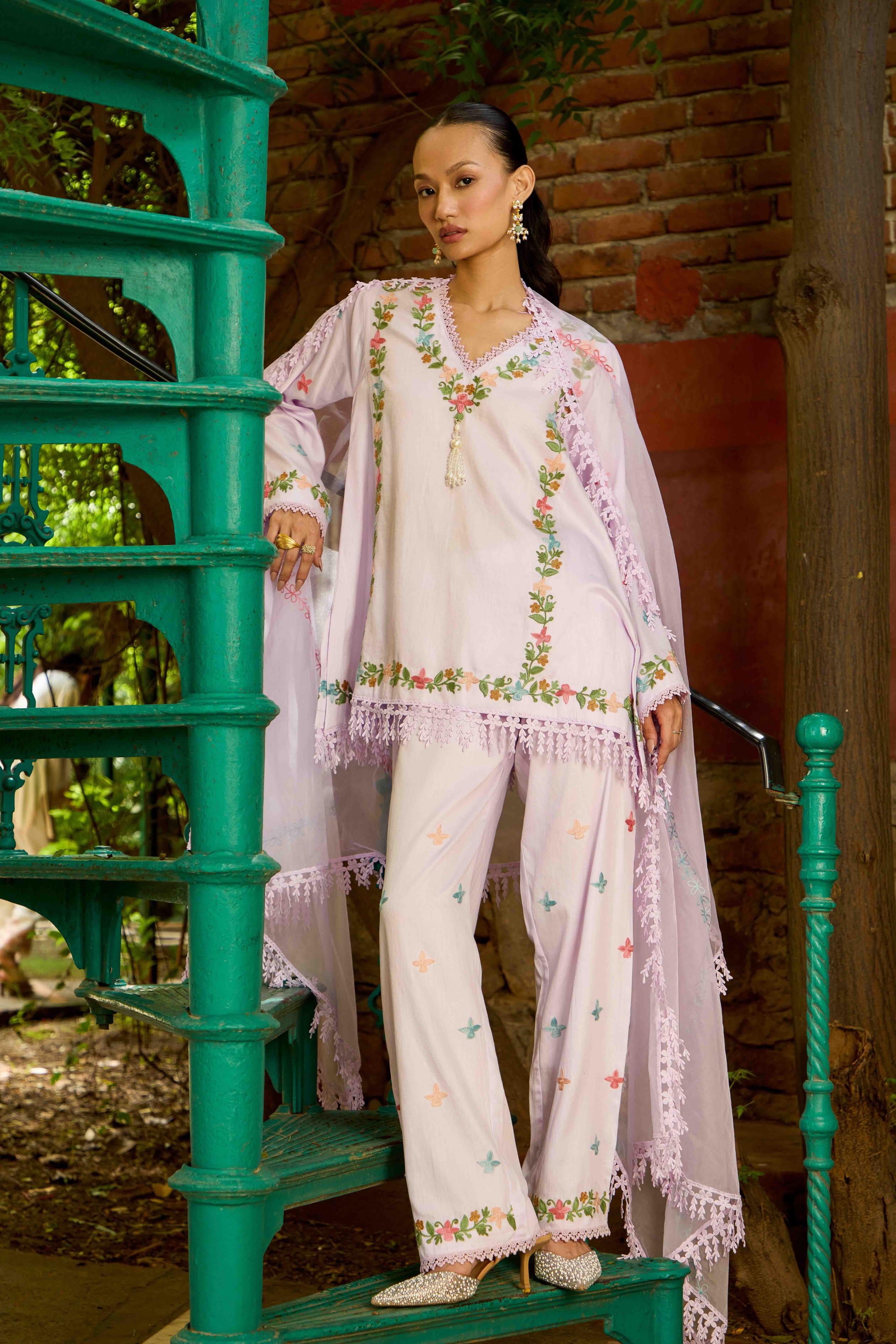 Lilac Bloom Cotton Kalidar Pheran Set with Flared Pants