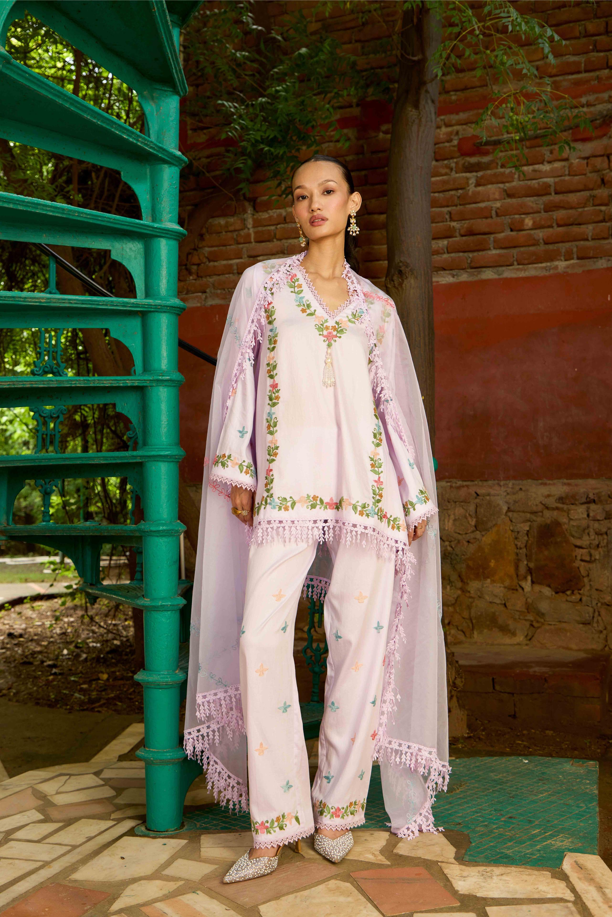 Lilac Bloom Cotton Kalidar Pheran Set with Flared Pants