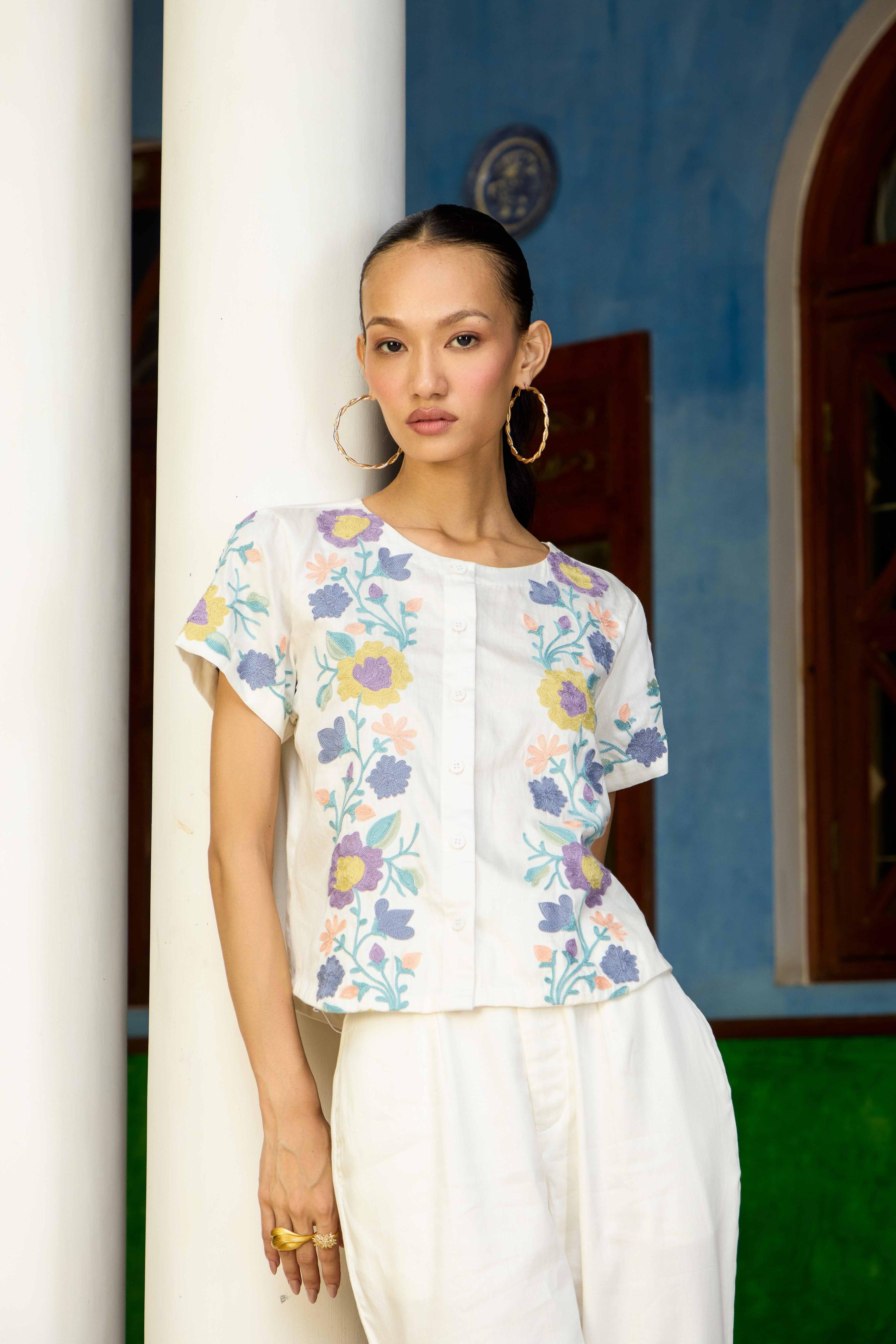 White Orchid Cotton Co-ord Set with Flared Pants