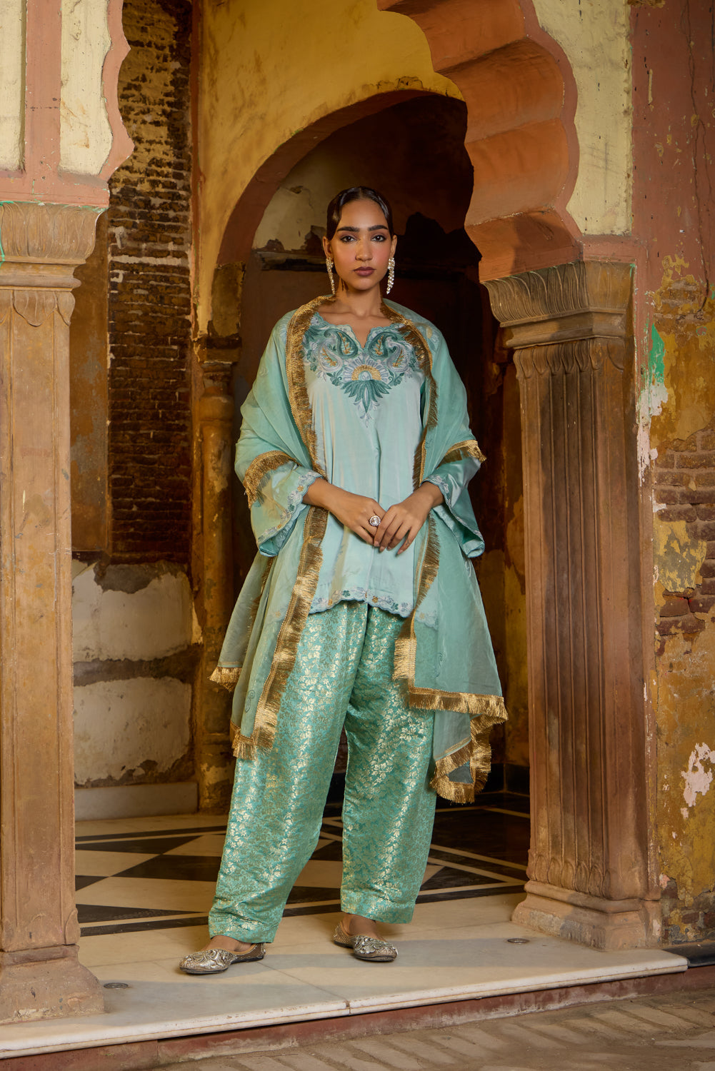 Asha Mint Silk Pheran Set With Salwar
