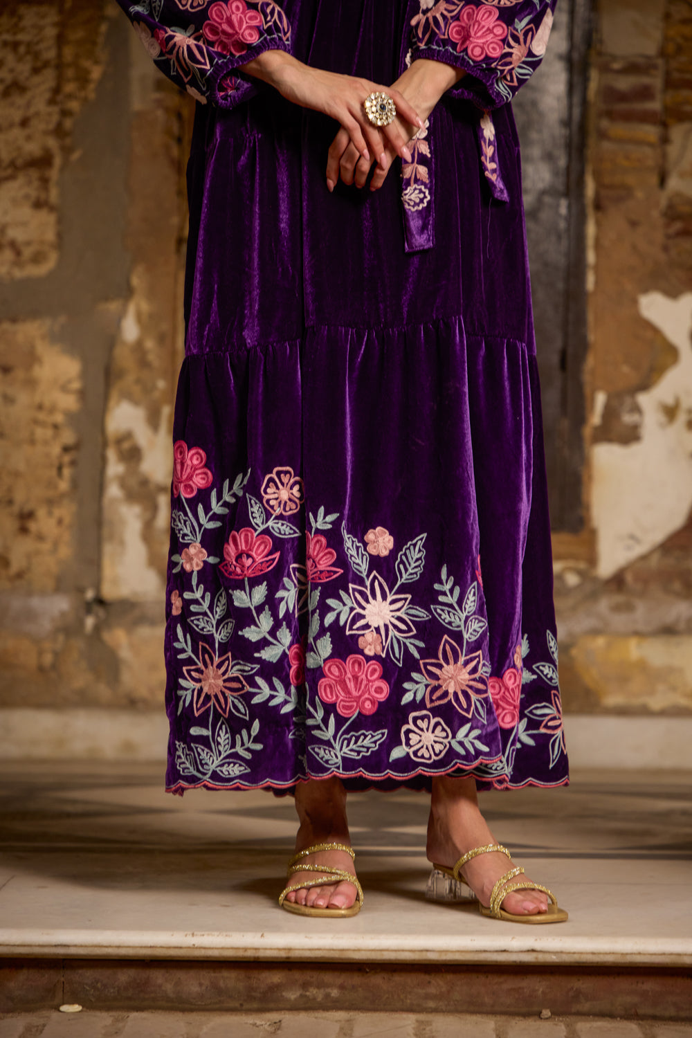 Zeenat Purple Silk Velvet Aari Embroidered Maxi Dress With Belt