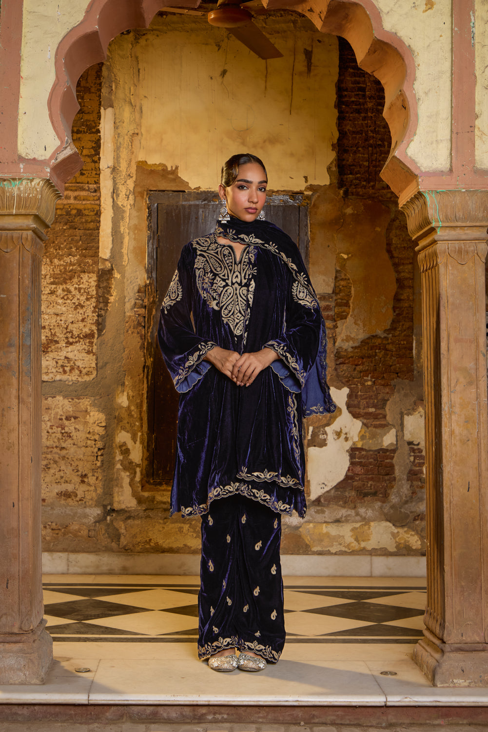 Noor Royal Blue Silk Velvet Pheran Set With Embroidered Flared