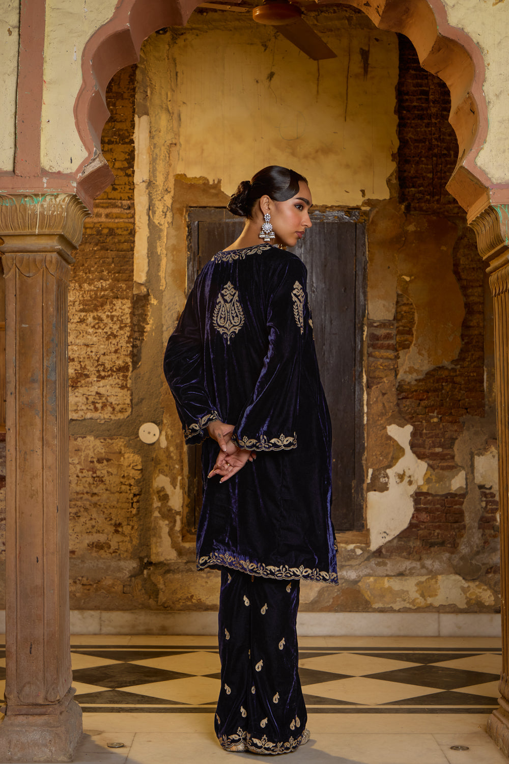 Noor Royal Blue Silk Velvet Pheran Set With Embroidered Flared