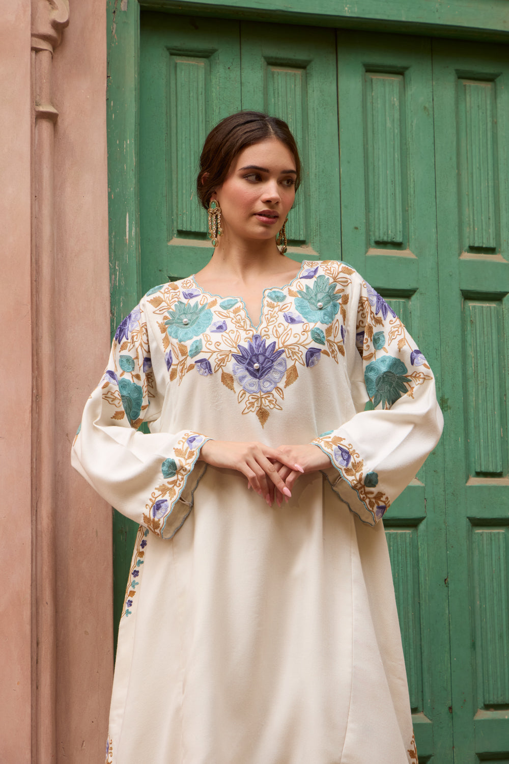 Cream Shades Of Blue Pashmina Wool Pheran Set With Flared Pants