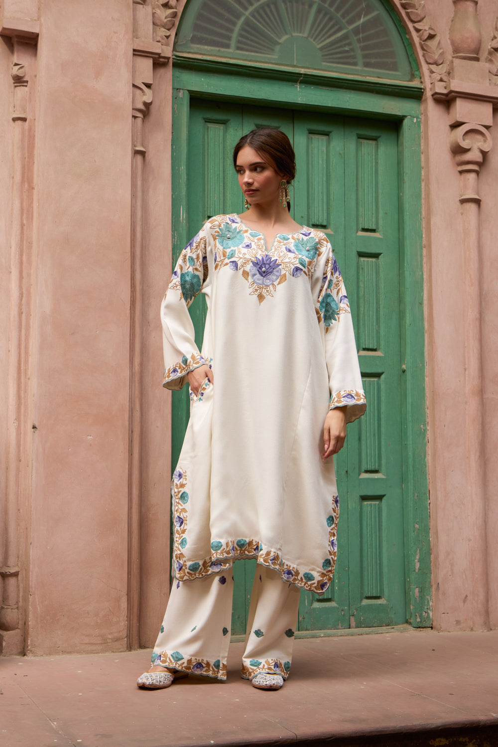 Cream Shades Of Blue Pashmina Wool Pheran Set With Flared Pants