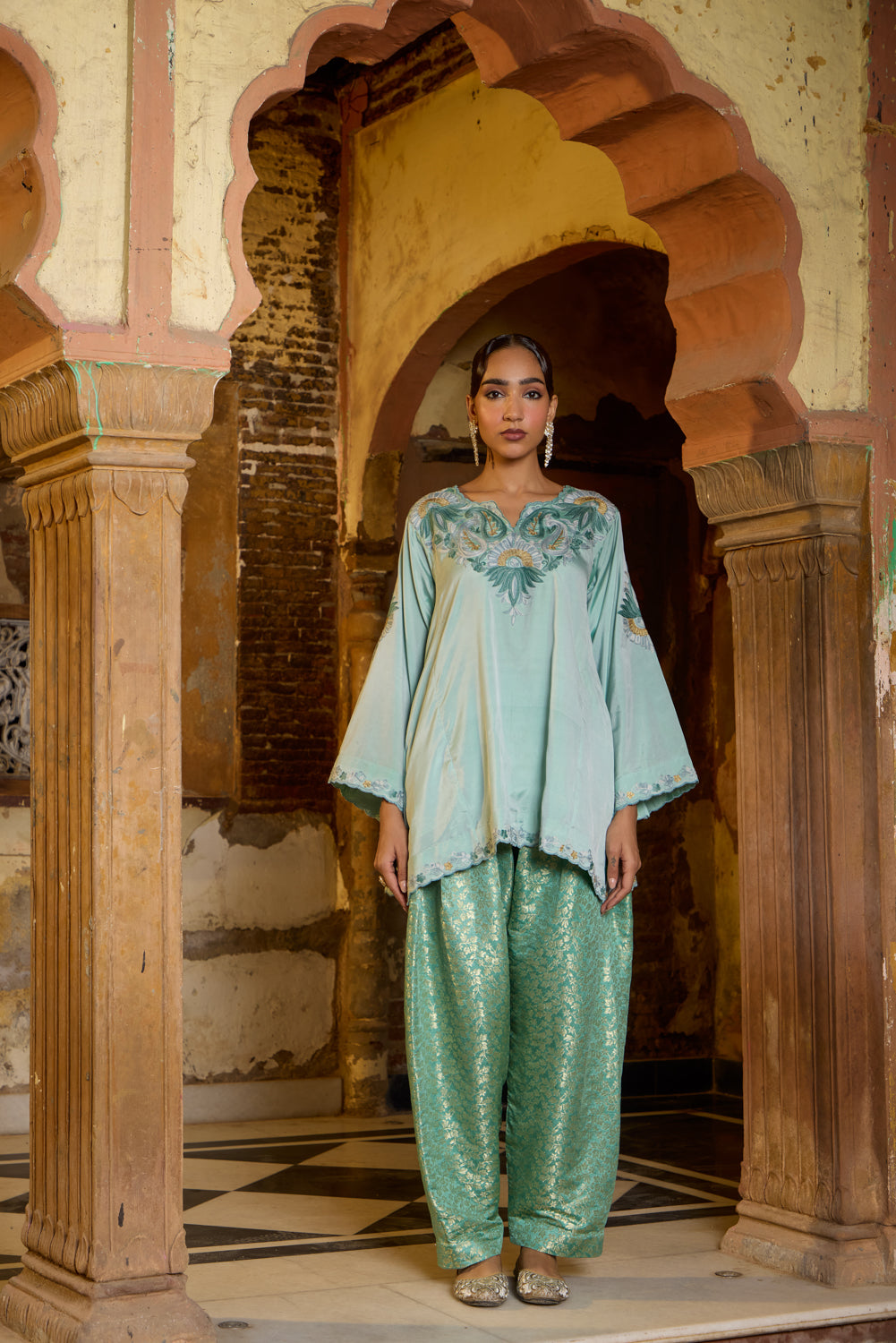 Asha Mint Silk Pheran Set With Salwar