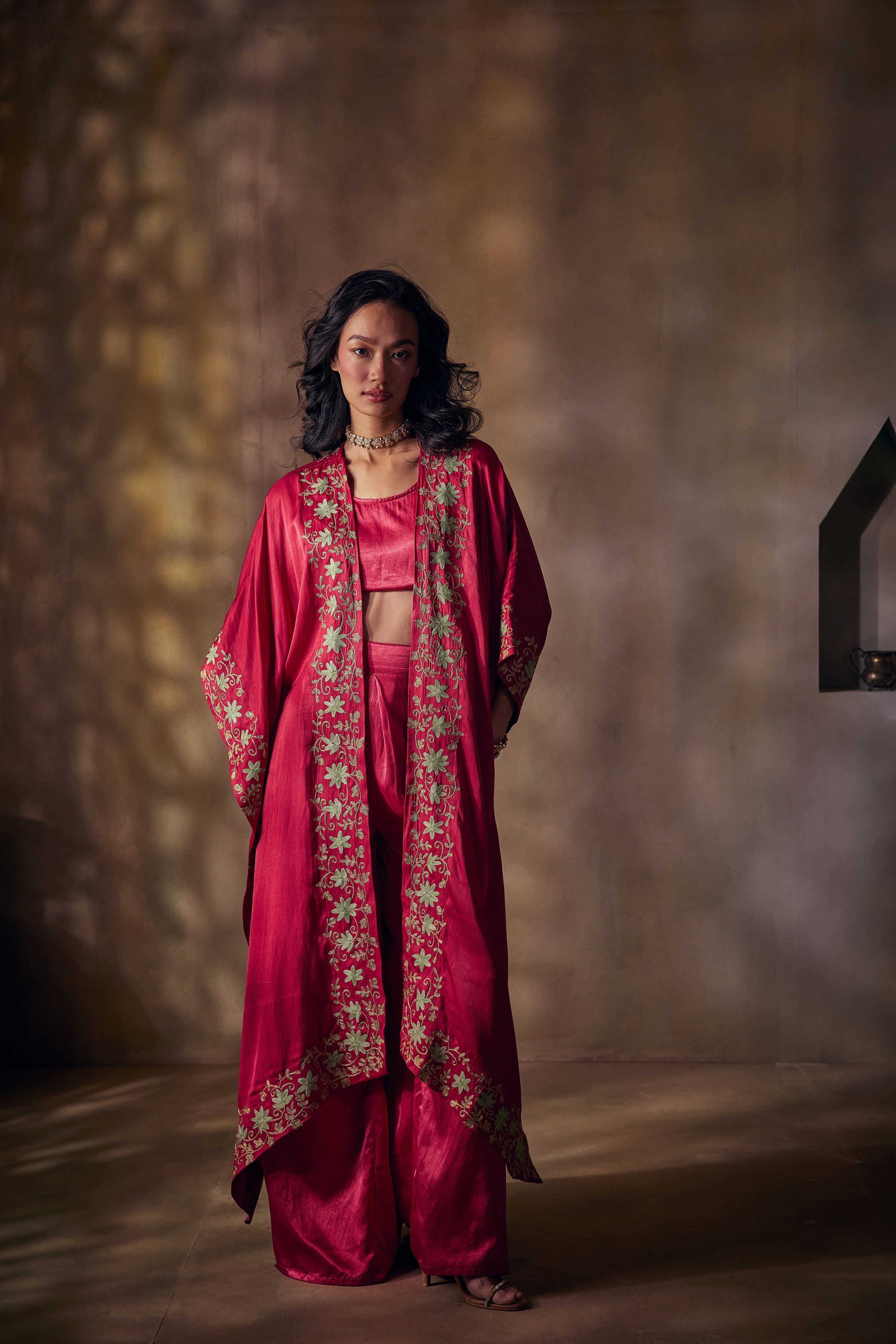 Cherry Red Gold & Aari Cape Set