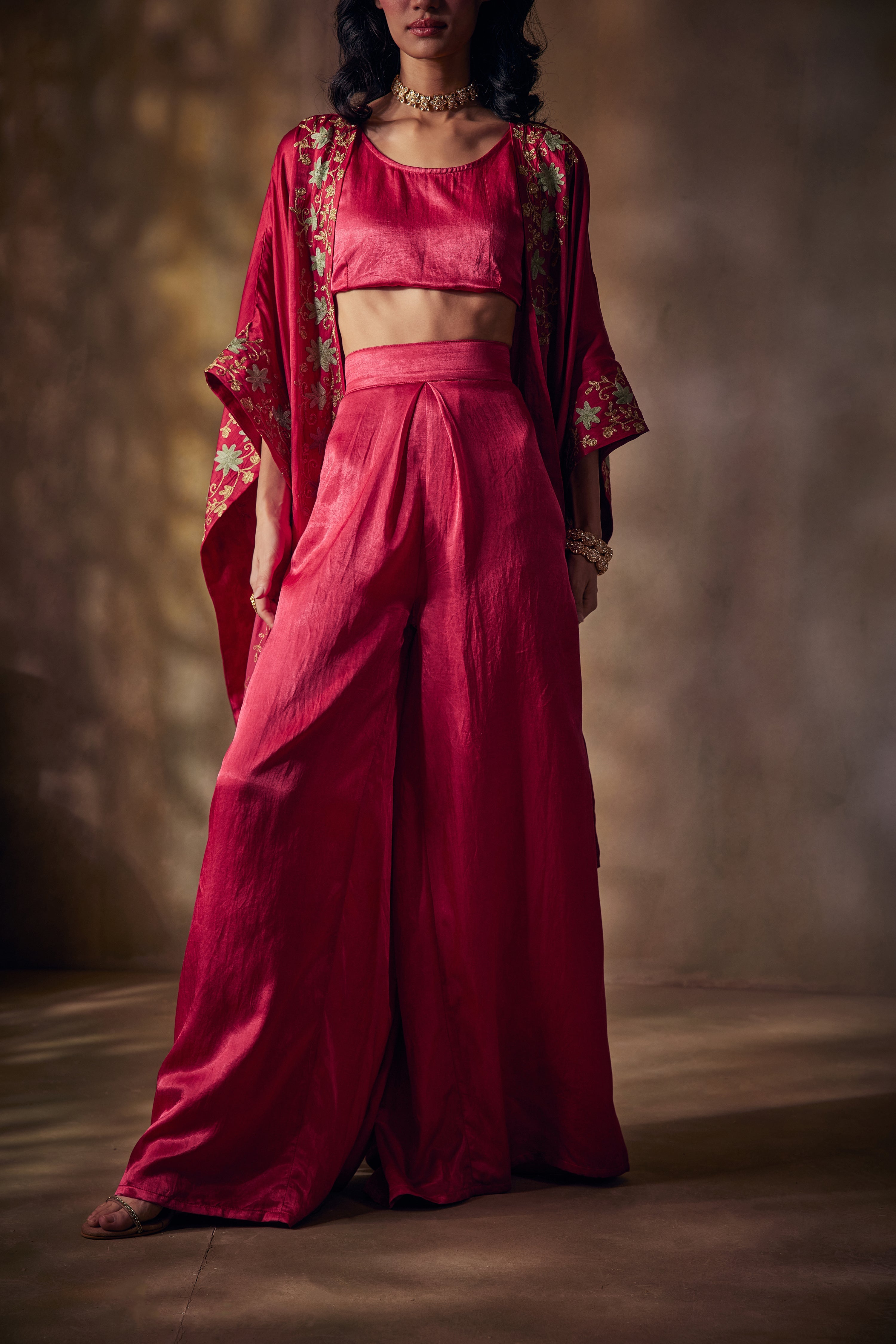 Cherry Red Gold & Aari Cape Set
