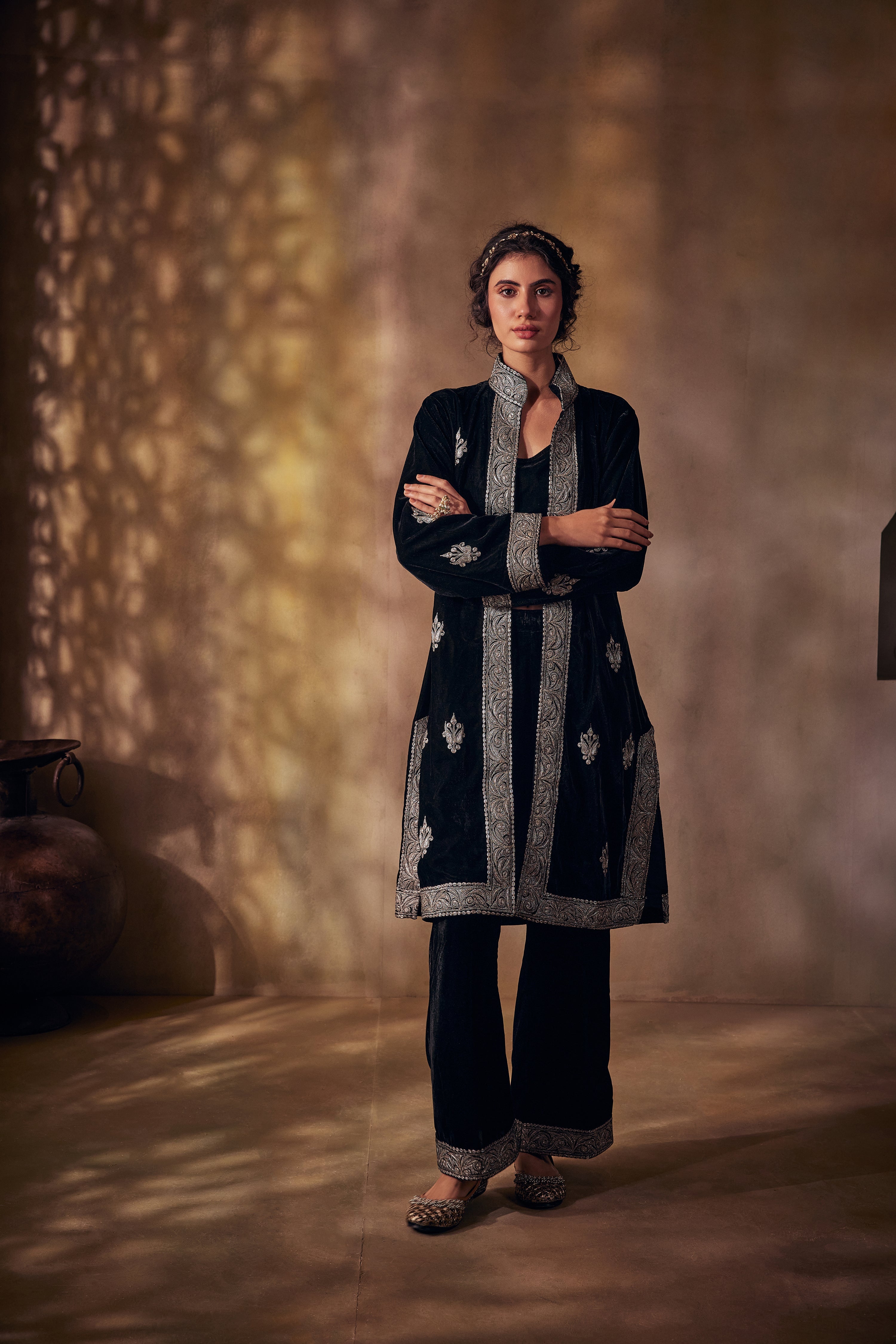 Royal Black Silk Velvet Silver Tilla Jacket Set