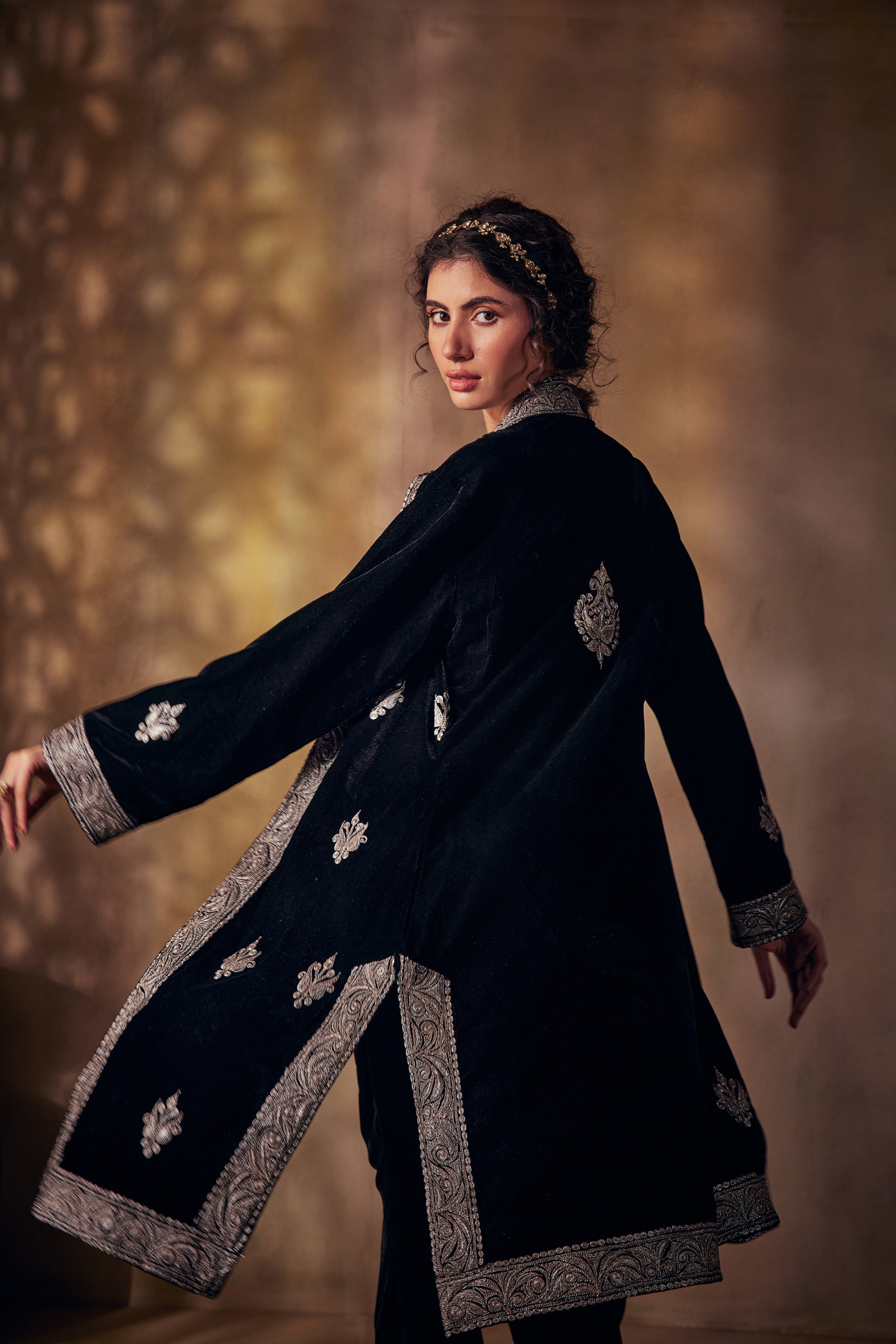 Royal Black Silk Velvet Silver Tilla Jacket Set