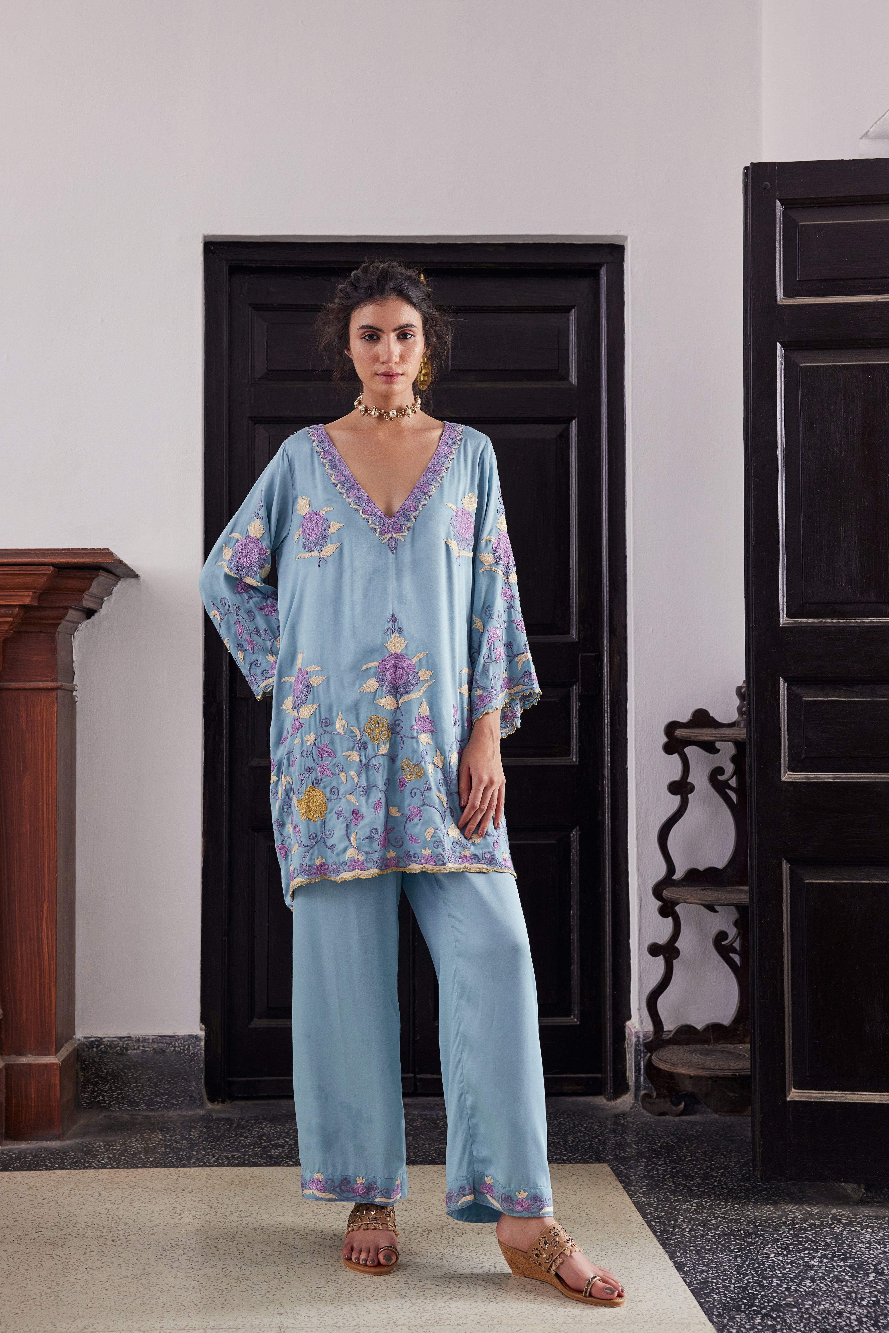 Cloud Blue Aari Tilla Kurta Set