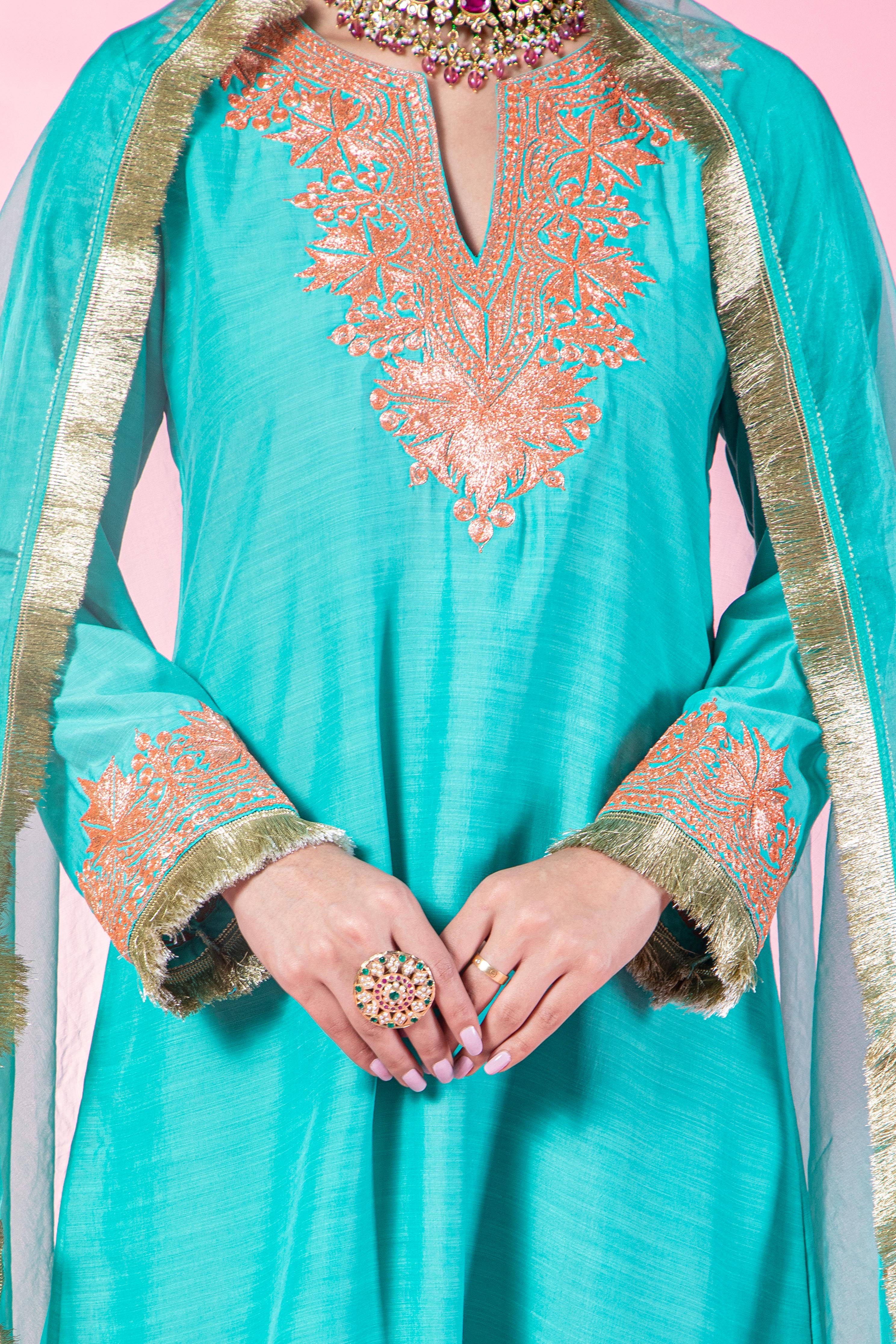 Resham Firozi Silk Kurta Set With Straight Pants