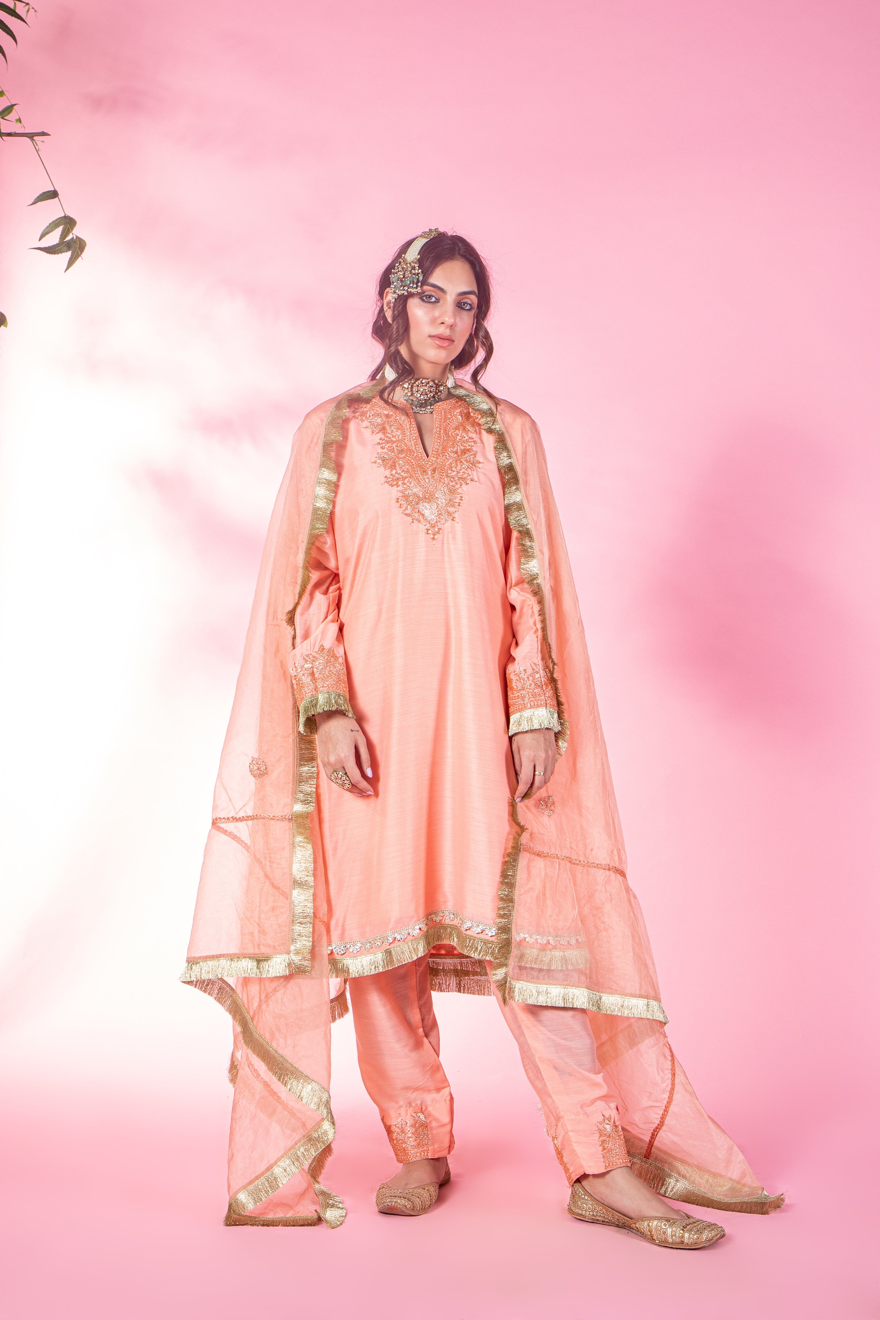 Resham Peach Silk Kurta Set With Straight Pants