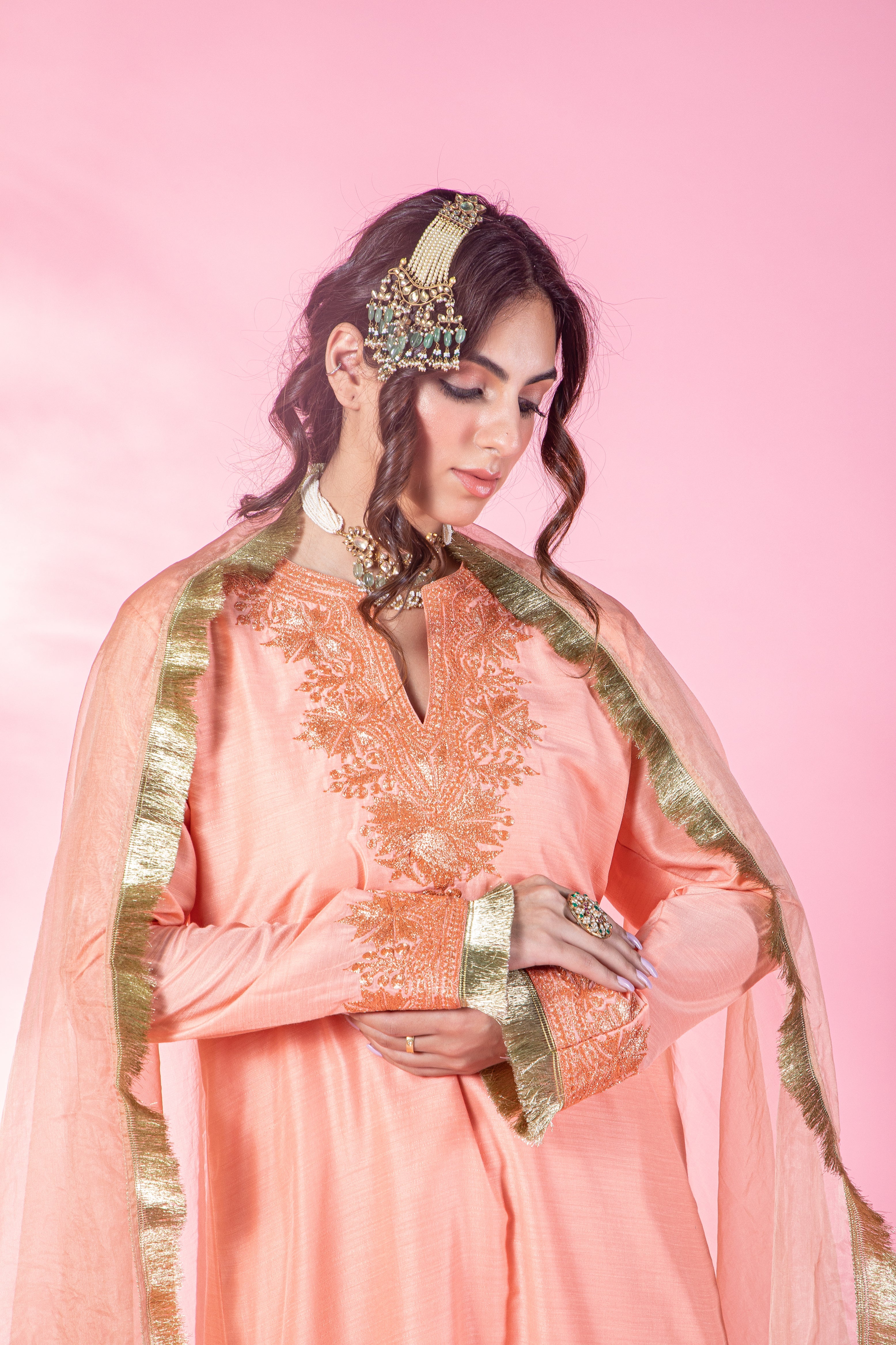 Resham Peach Silk Kurta Set With Straight Pants