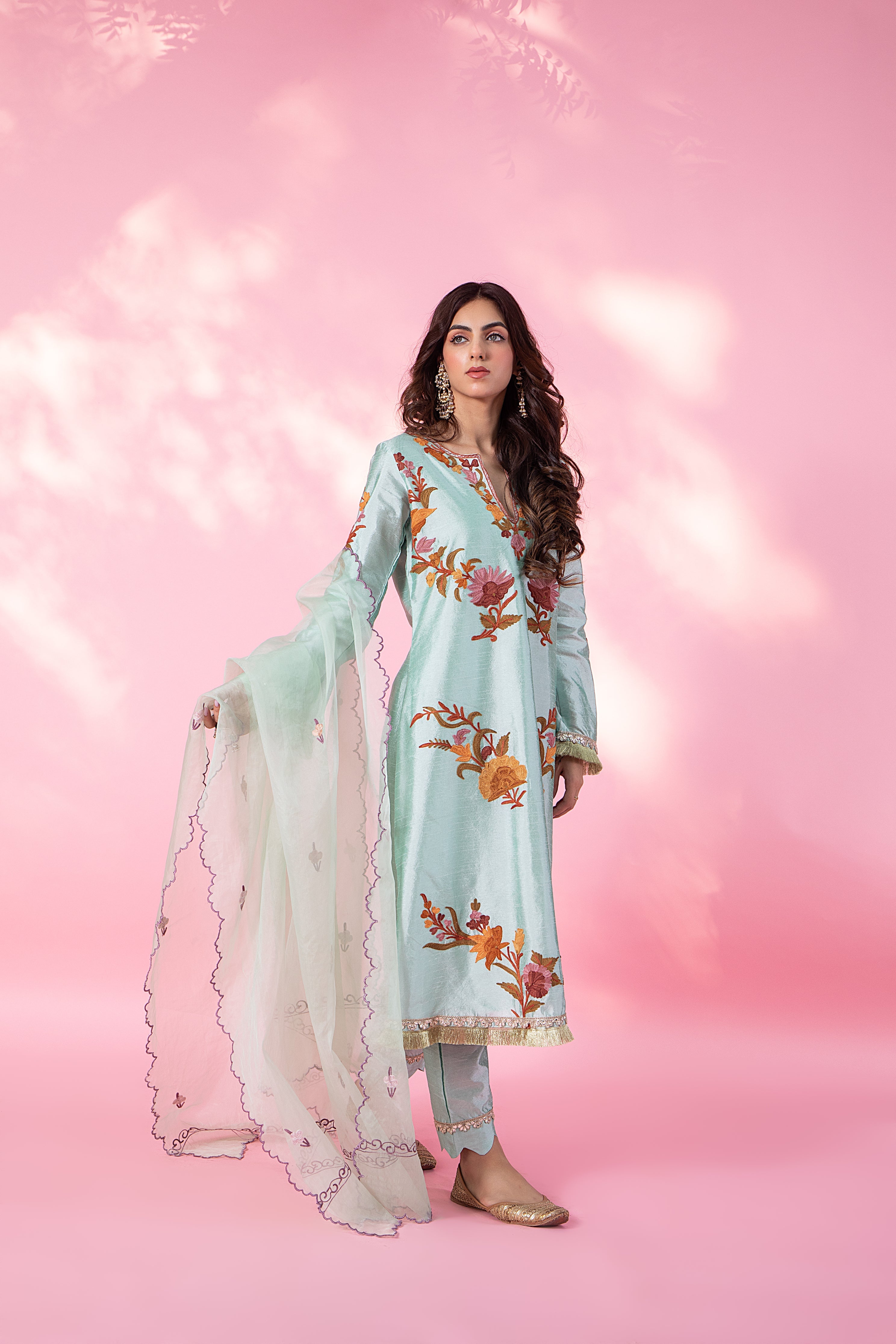 Resham Pista Silk Kurta Set With Straight Pants