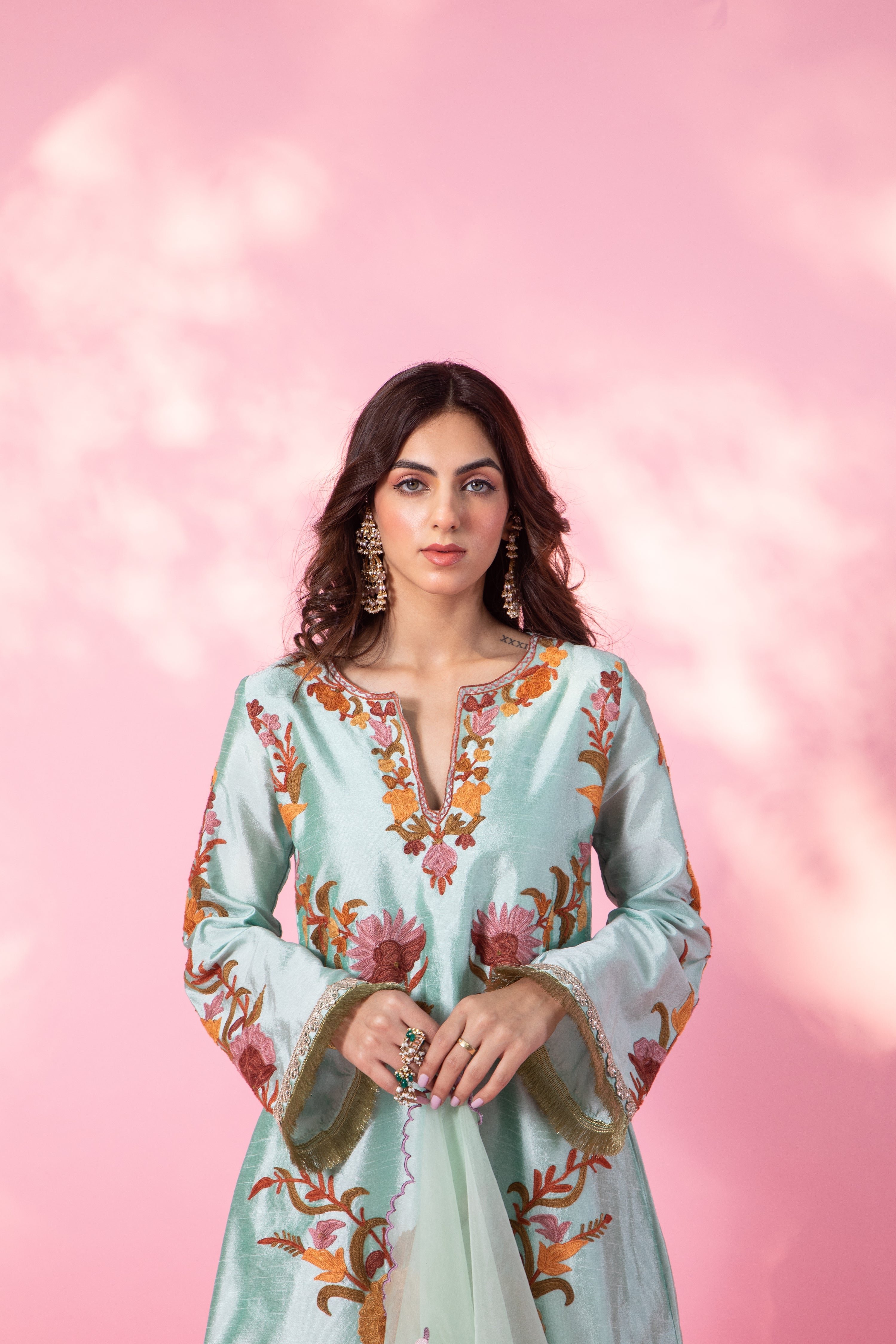 Resham Pista Silk Kurta Set With Straight Pants