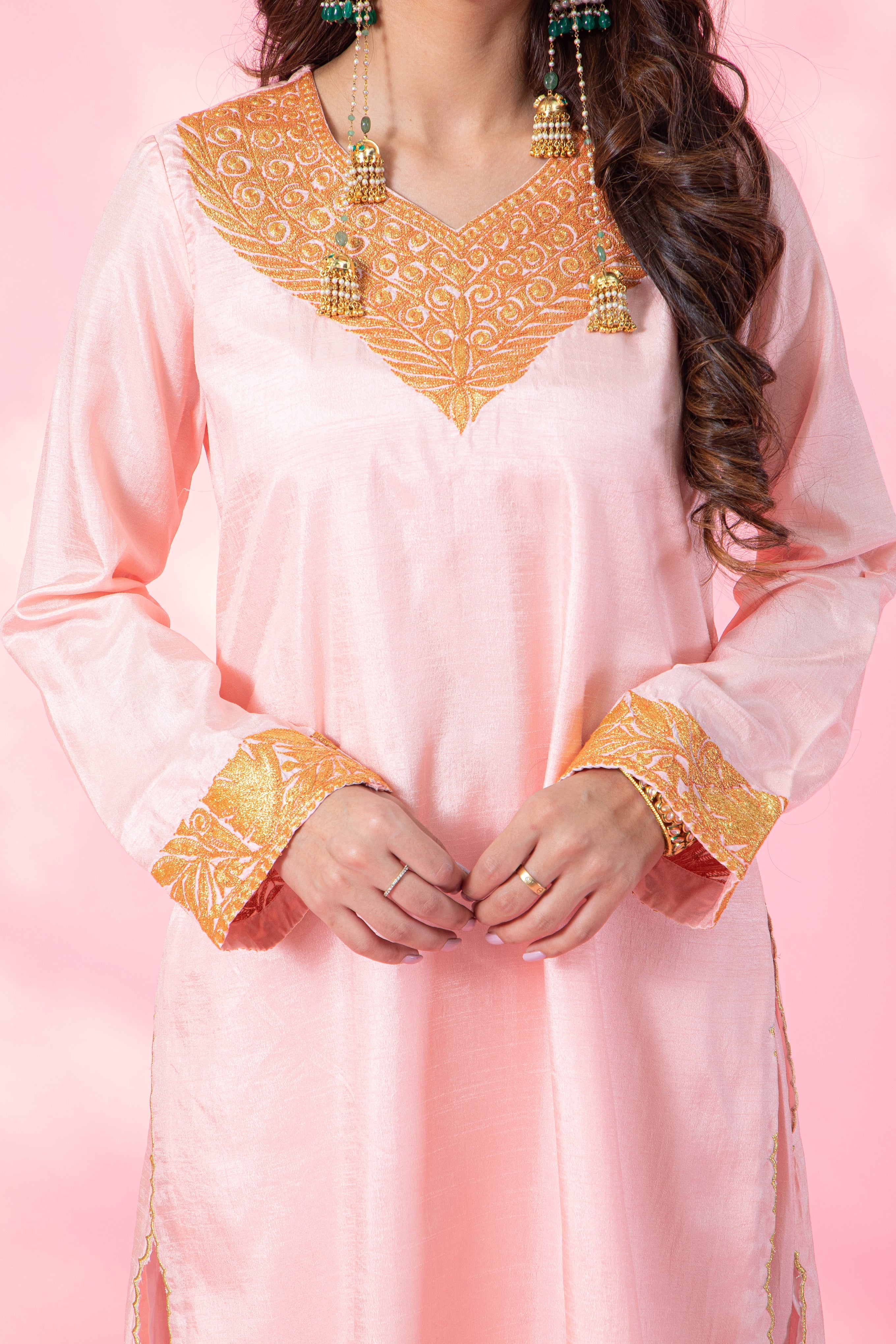 Resham Pink Silk Kurta Set With Straight Pants
