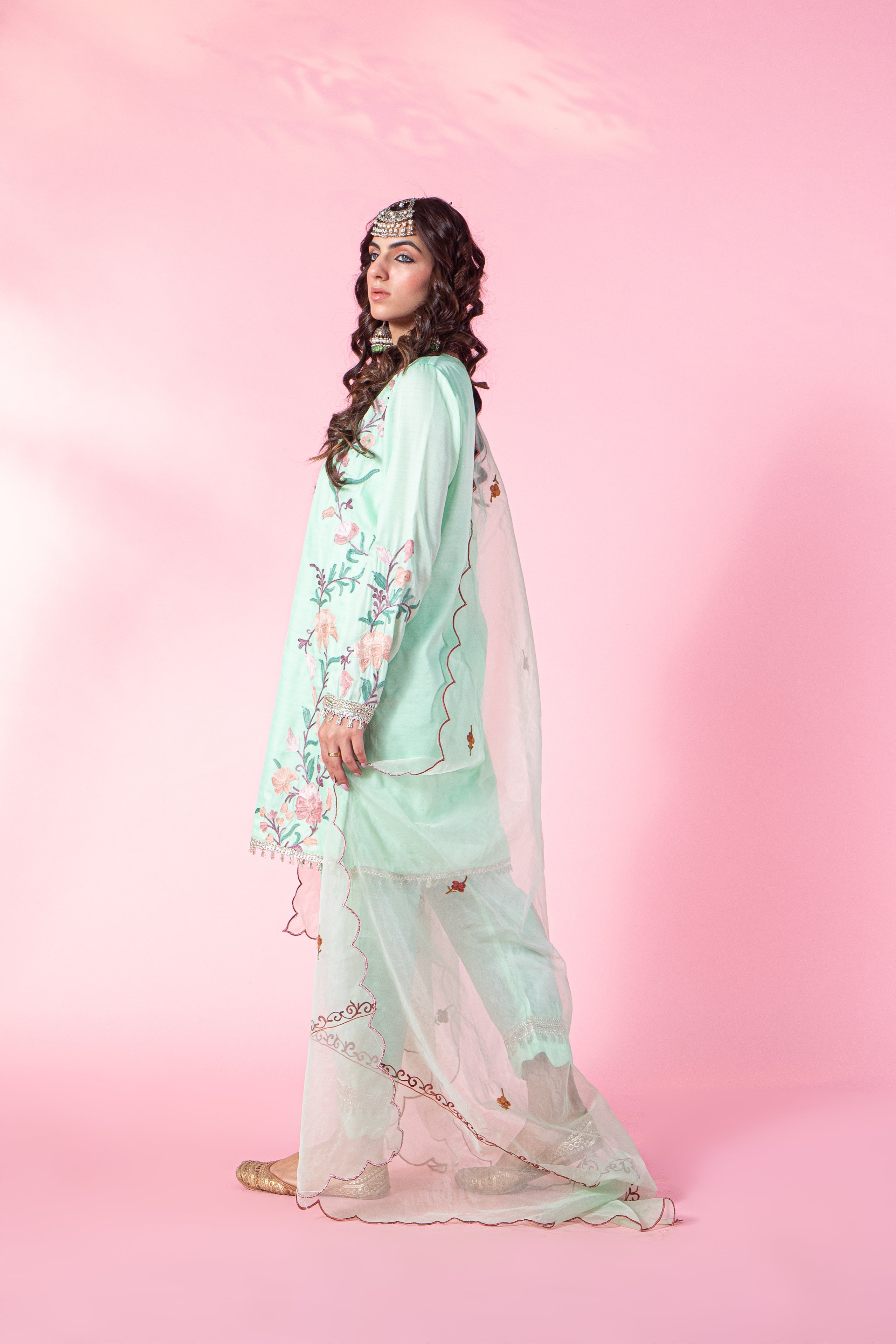 Resham Mint Green Aari Crepe Kurta Set