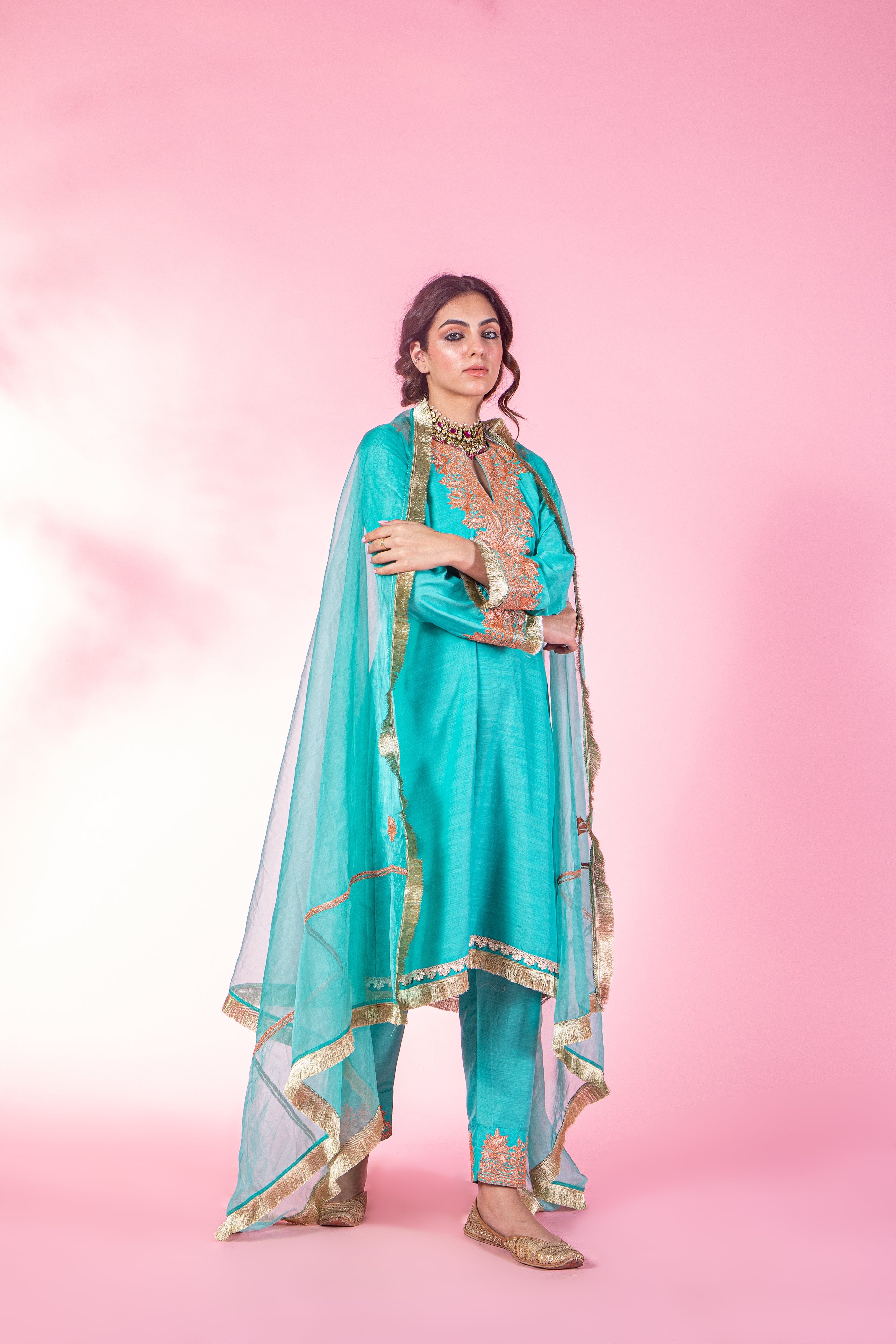 Resham Firozi Silk Kurta Set With Straight Pants