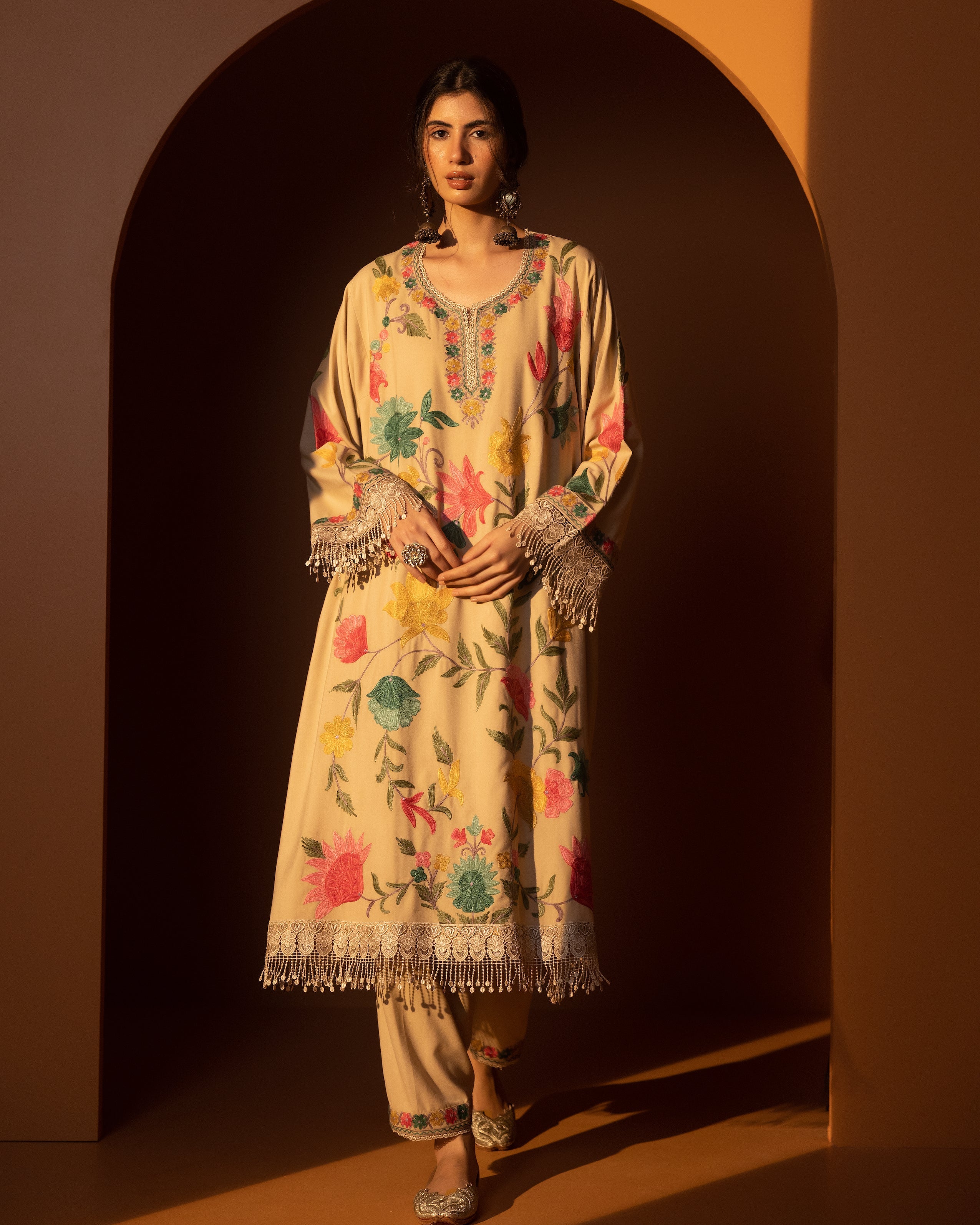 Beige Gulkari Spun Kurta Set