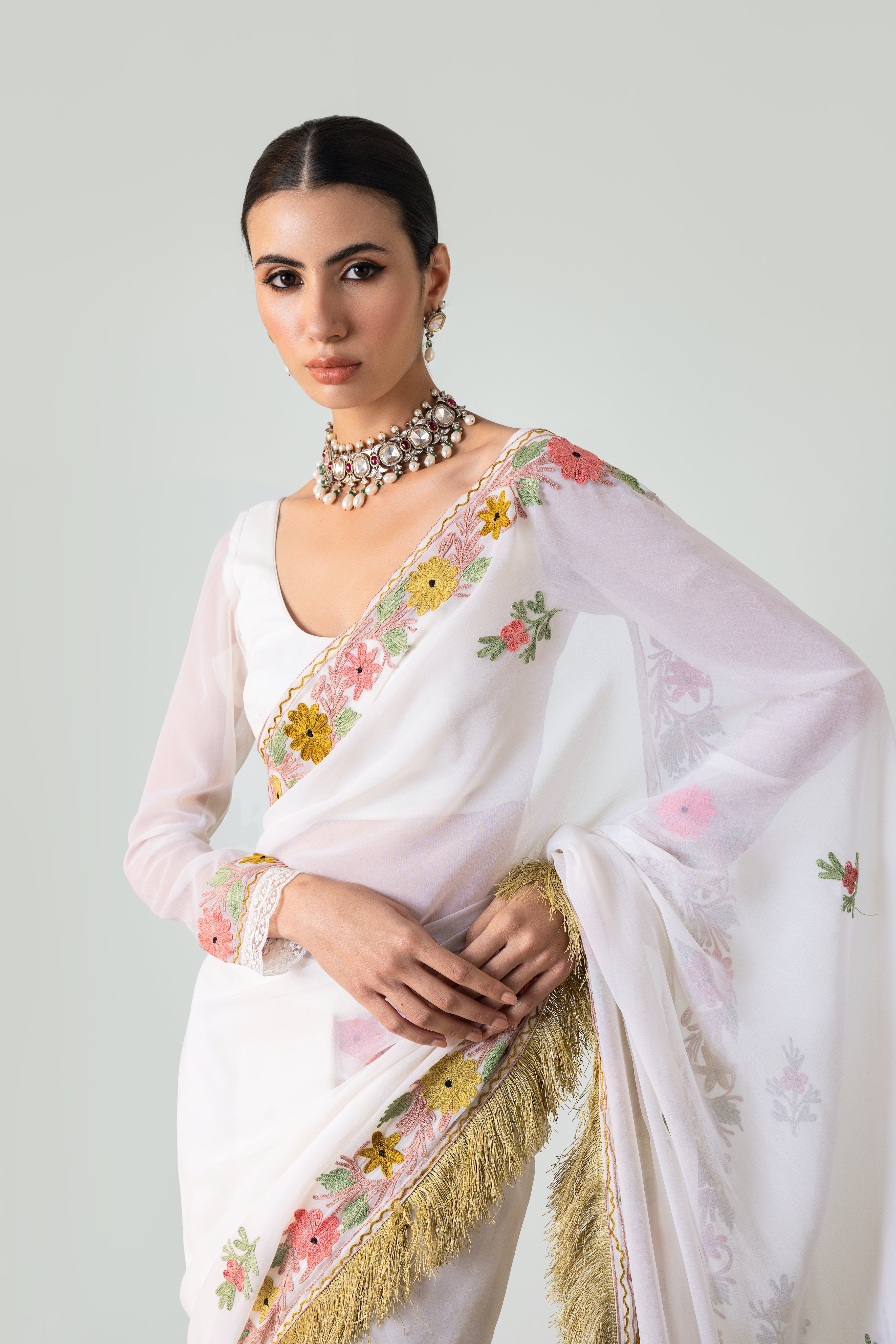 Gul Ivory Chiffon Draped Saree