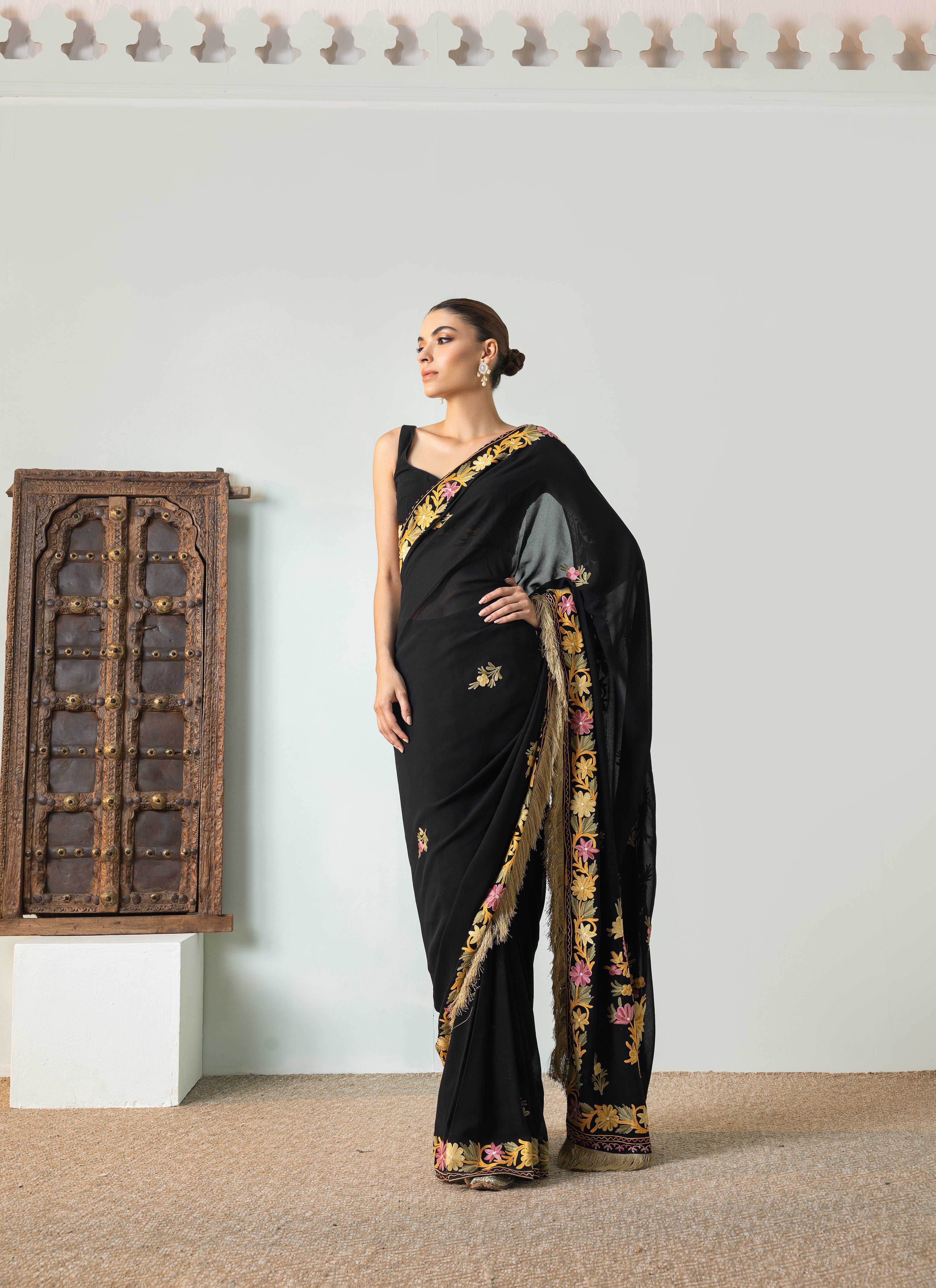 Gul Black Chiffon Draped Saree