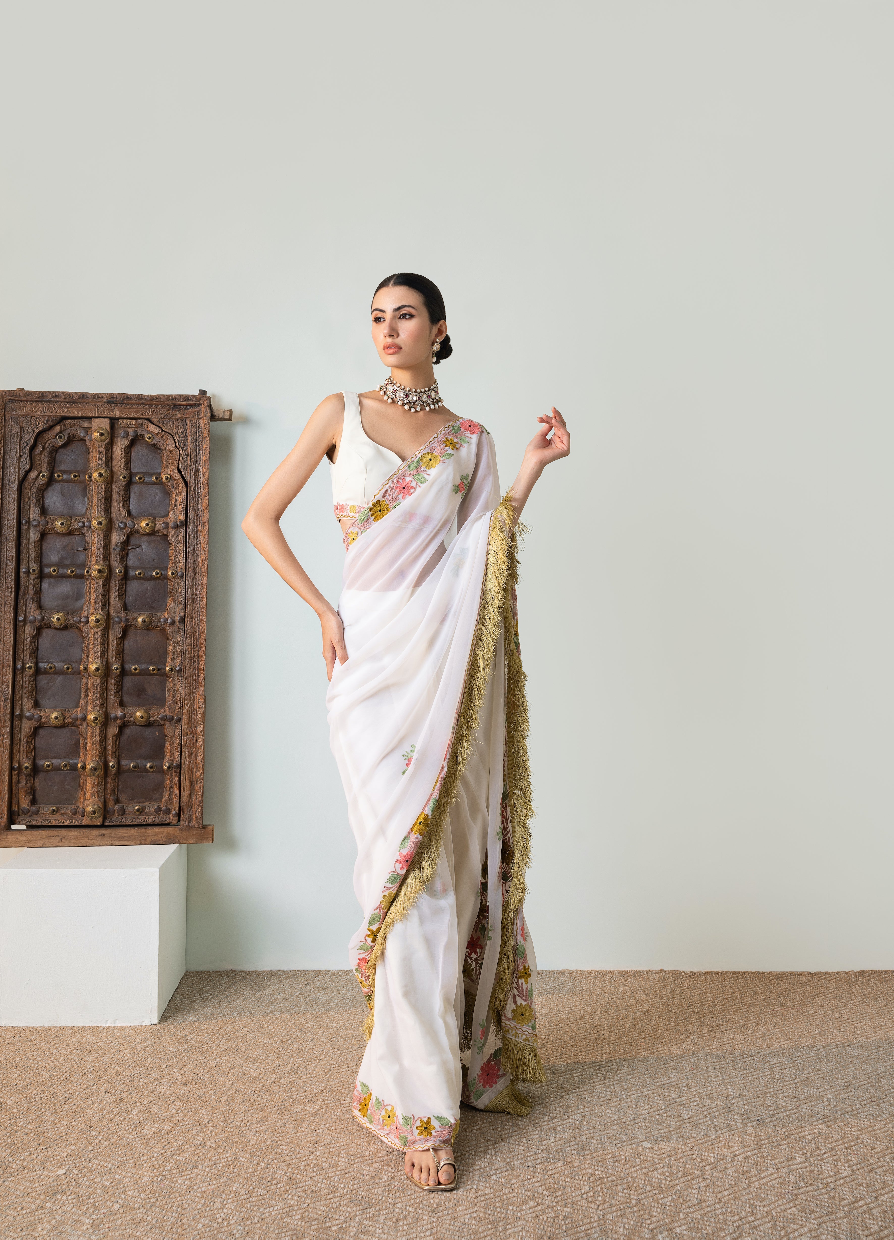 Gul Ivory Chiffon Draped Saree