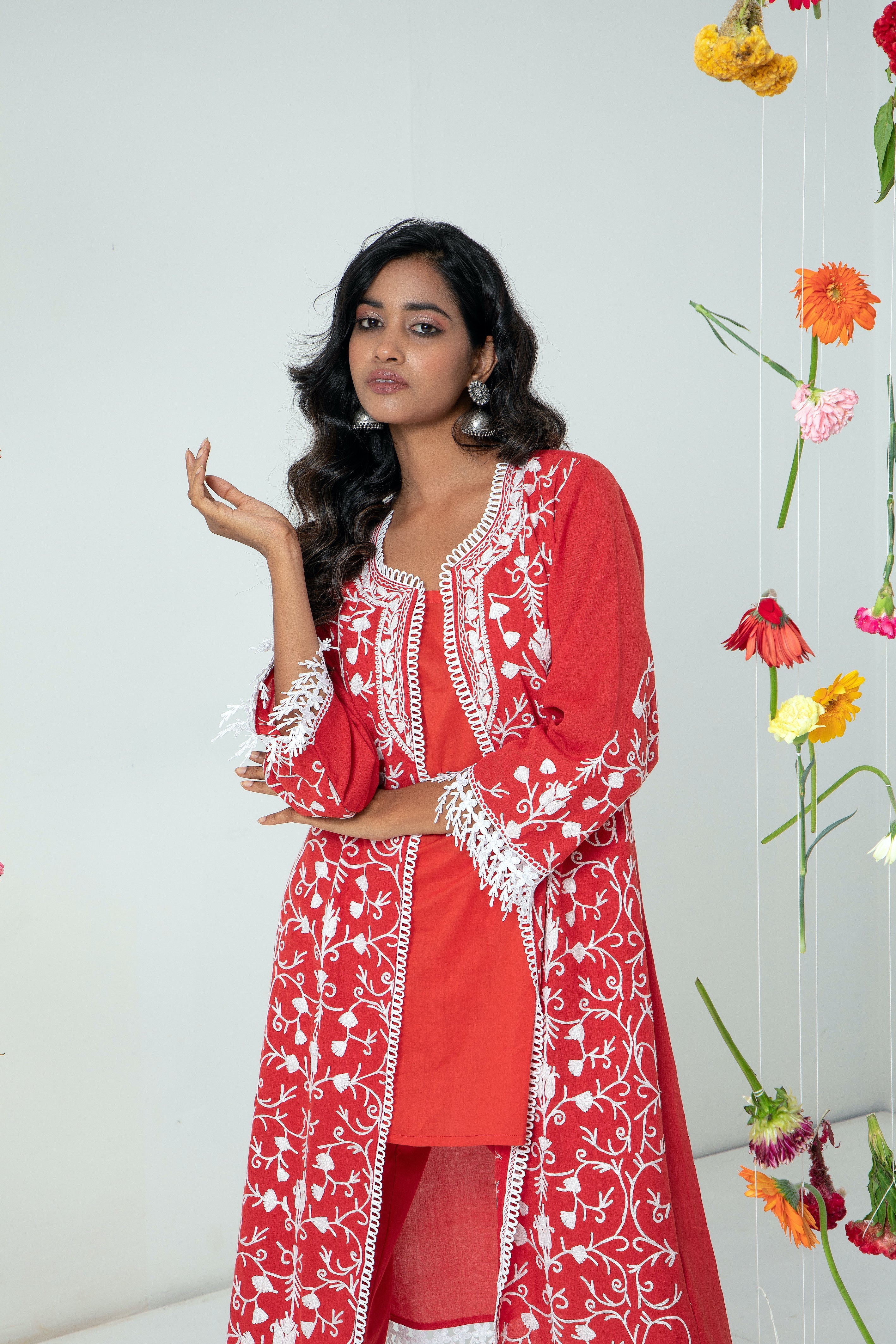 Red Jaal Cotton Jacket Set