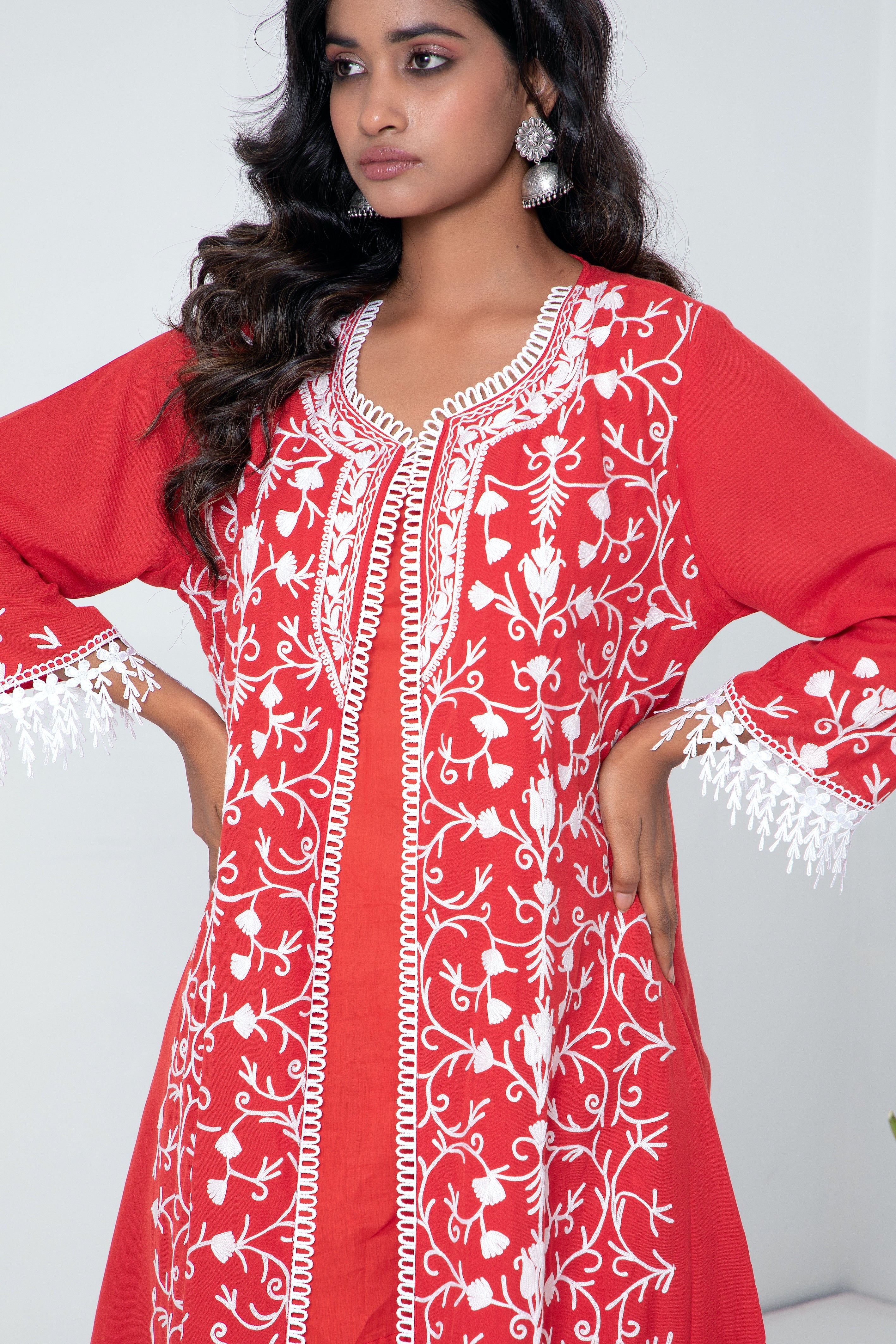 Red Jaal Cotton Jacket Set