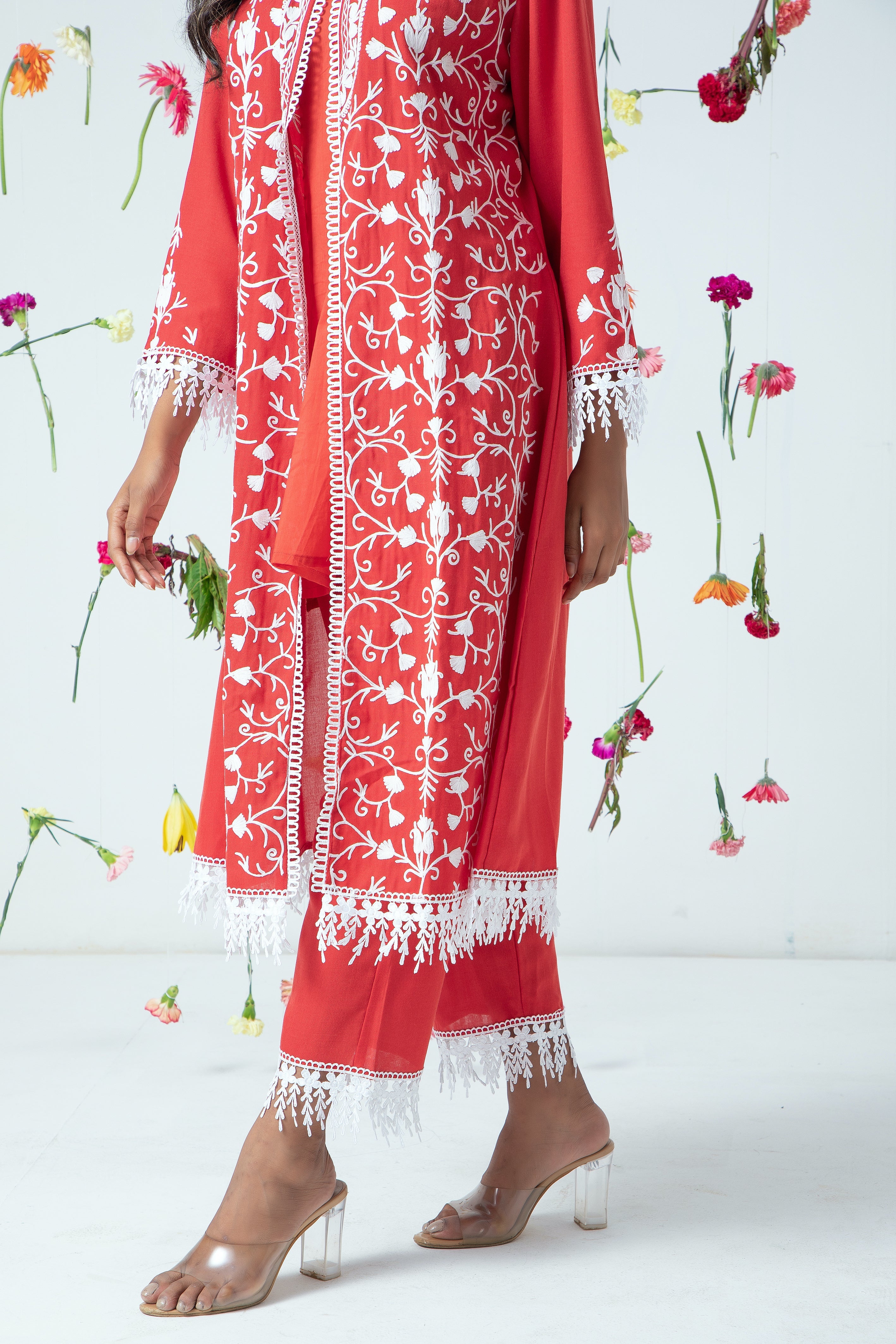 Red Jaal Cotton Jacket Set