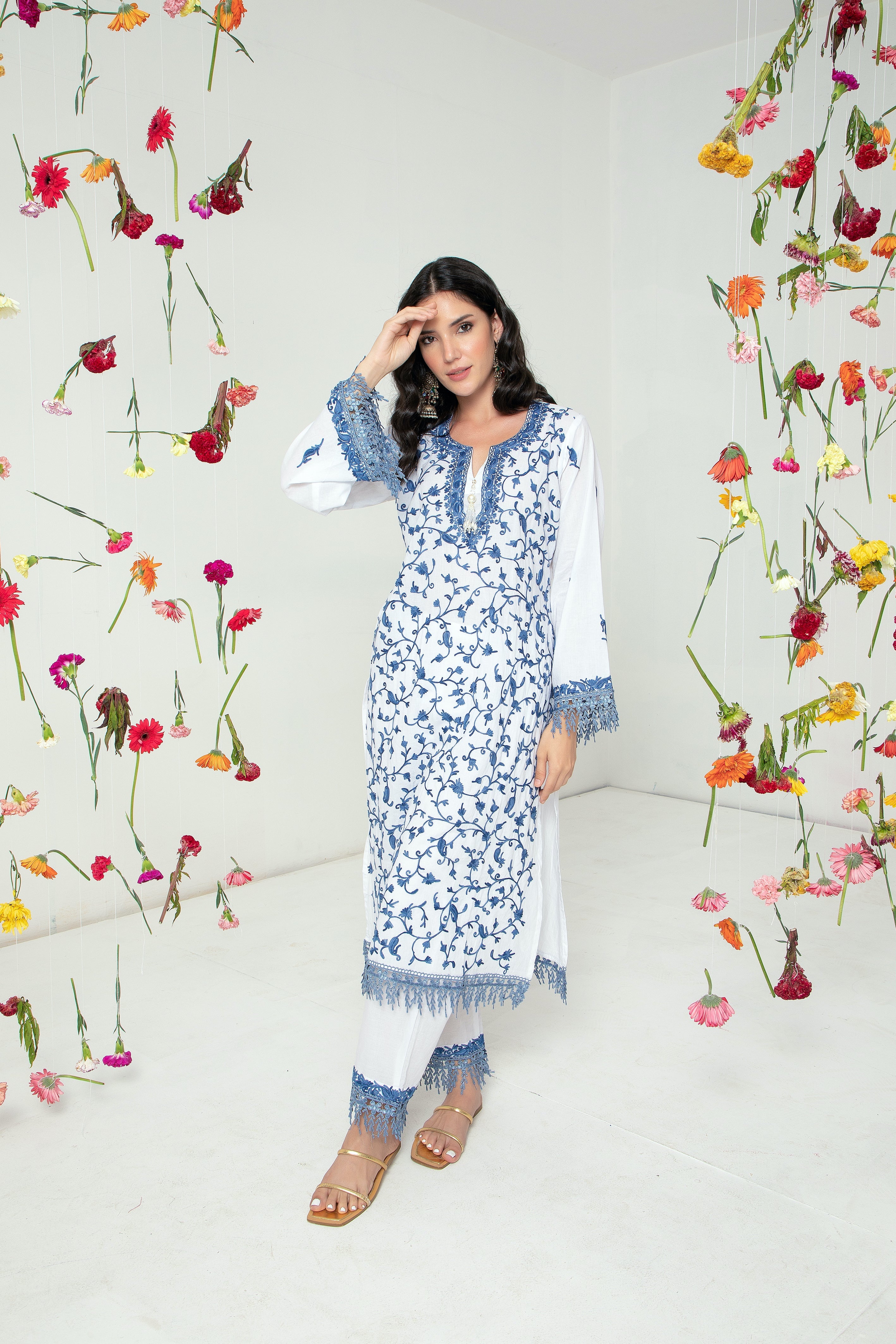 White Leher Cotton Kurta Set