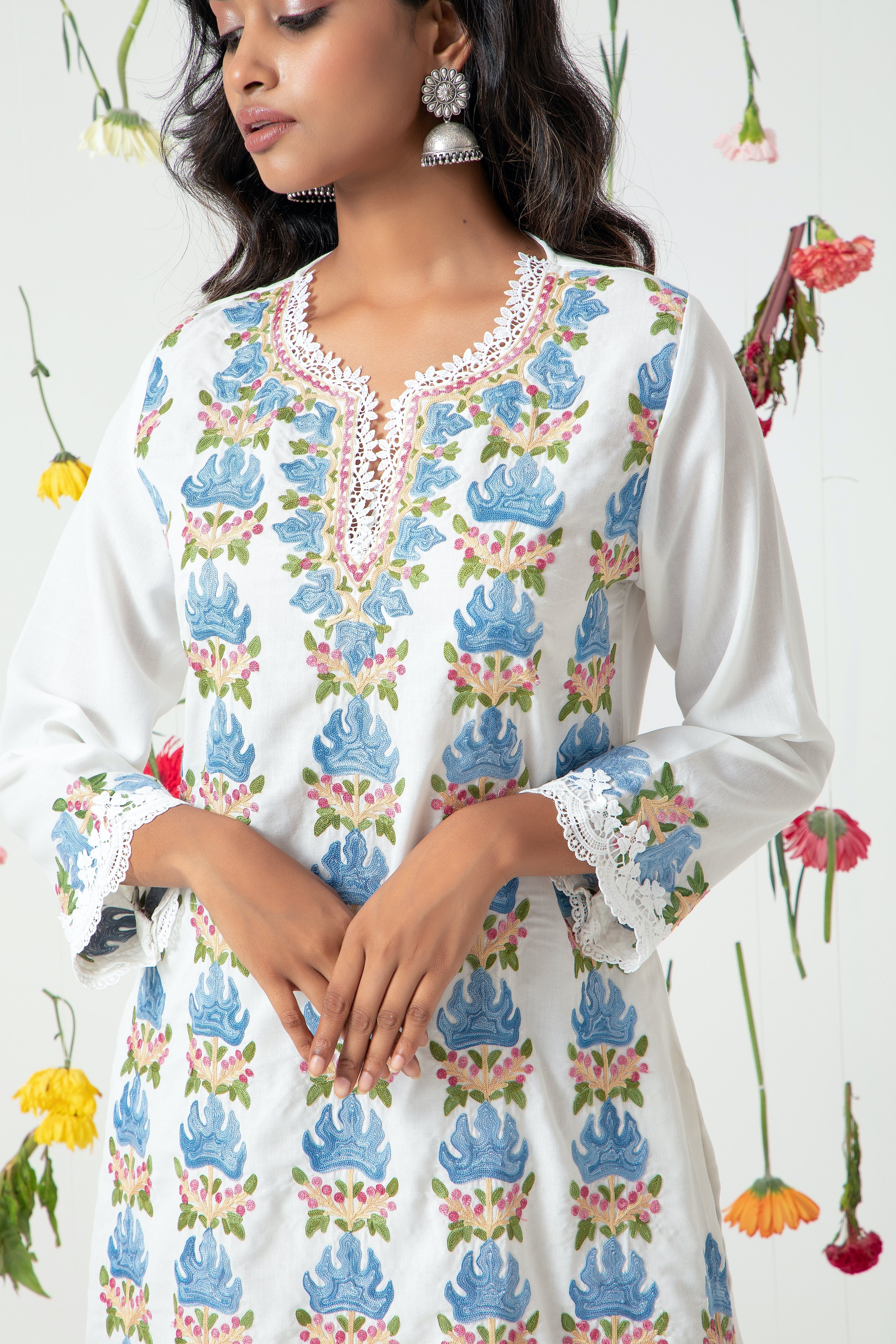 White Blue Chinar Cotton Kurta Set