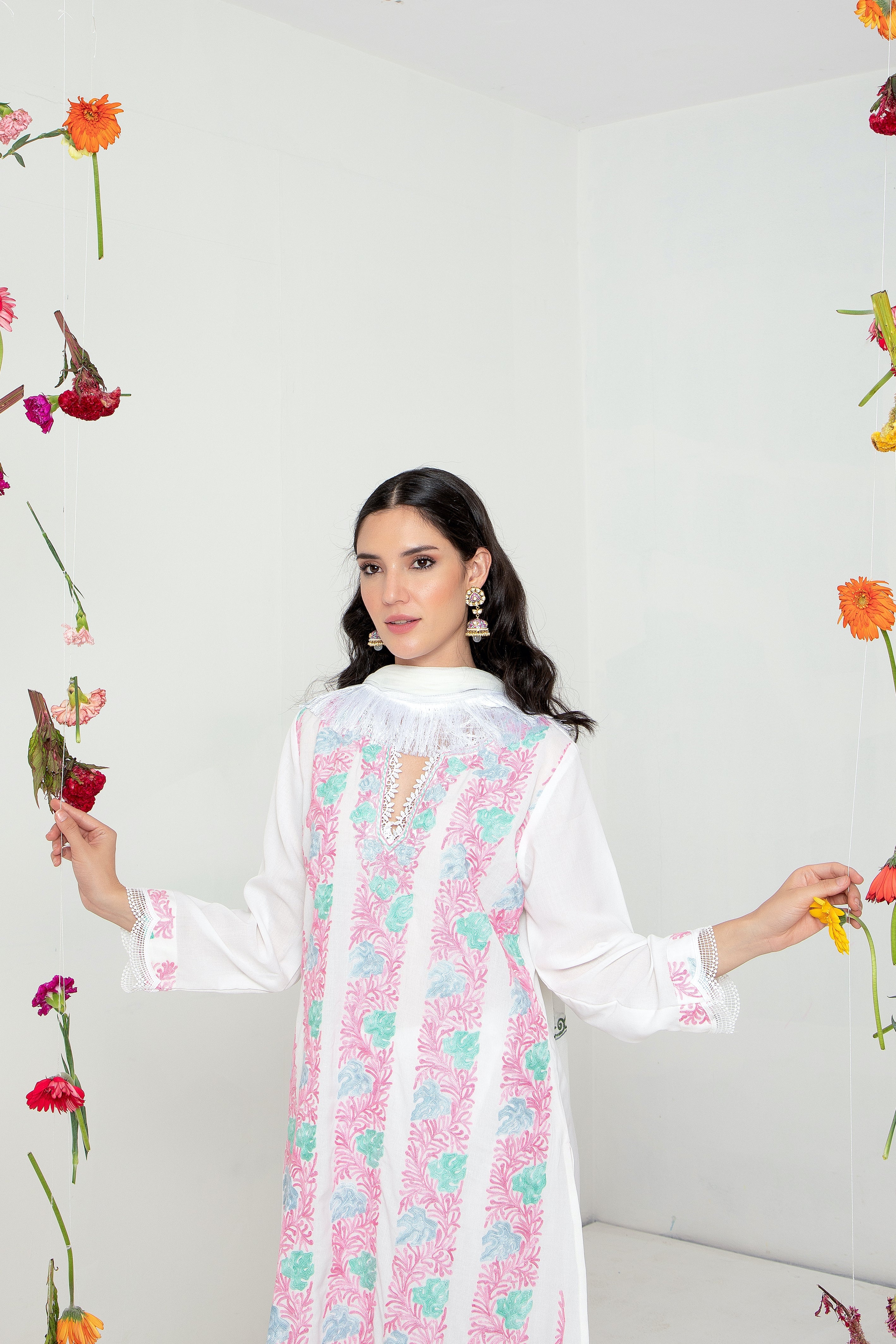 White Pink Chinar Kurta Set