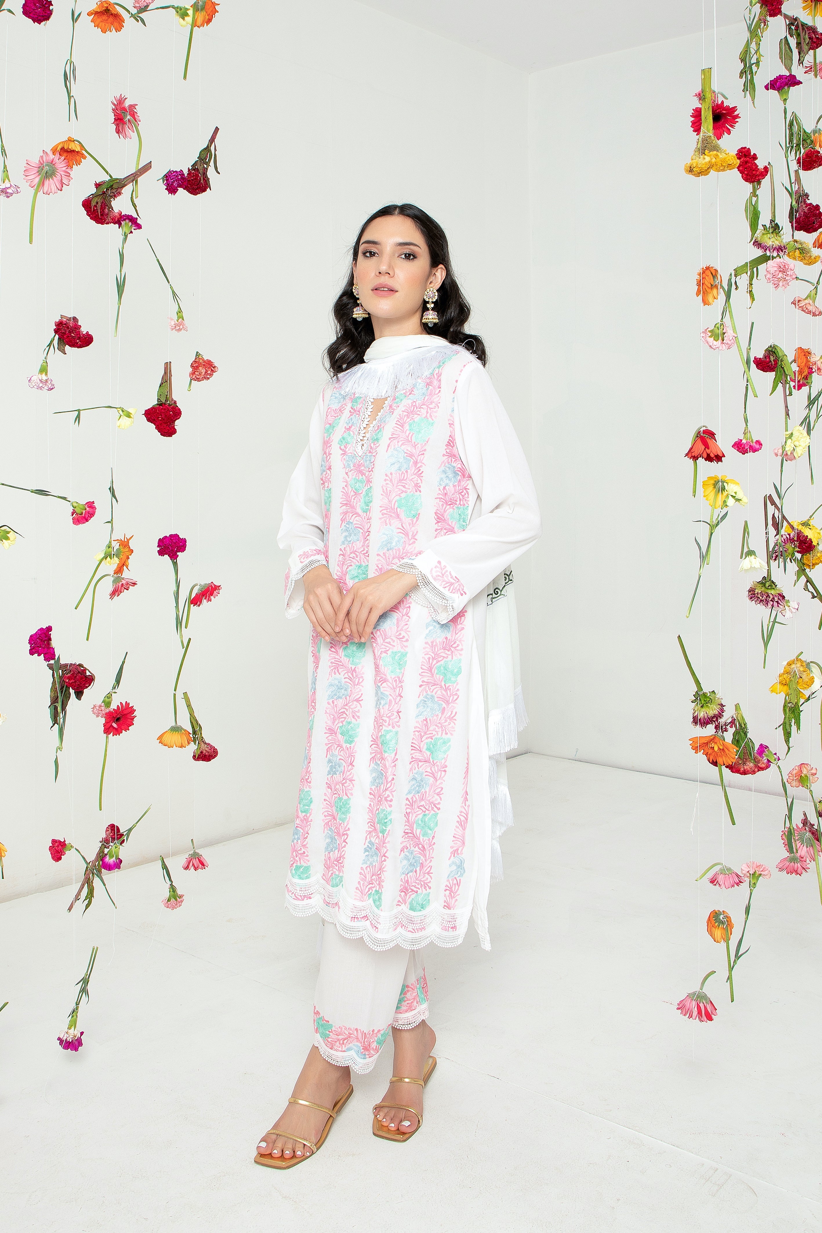 White Pink Chinar Kurta Set