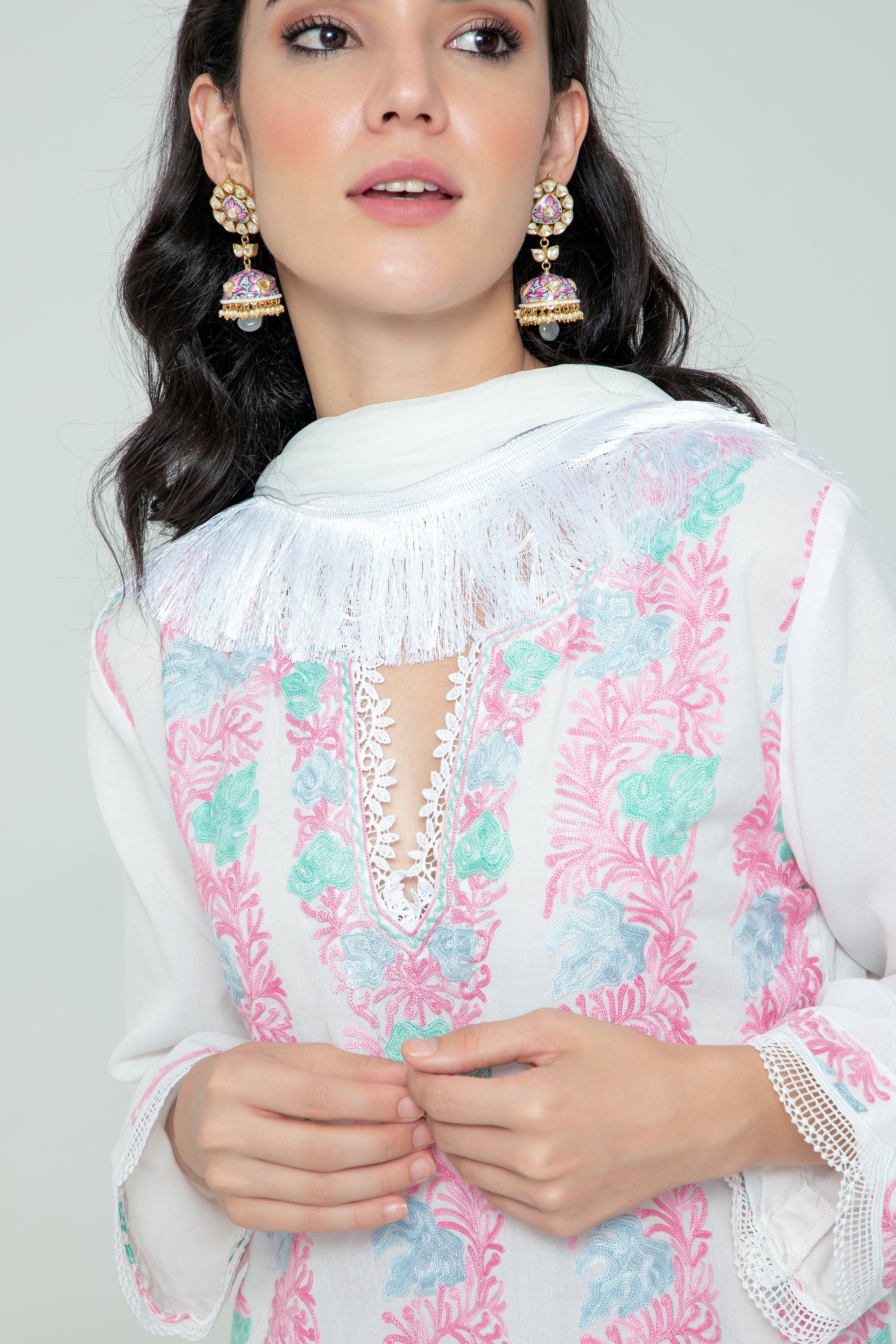 White Pink Chinar Kurta Set