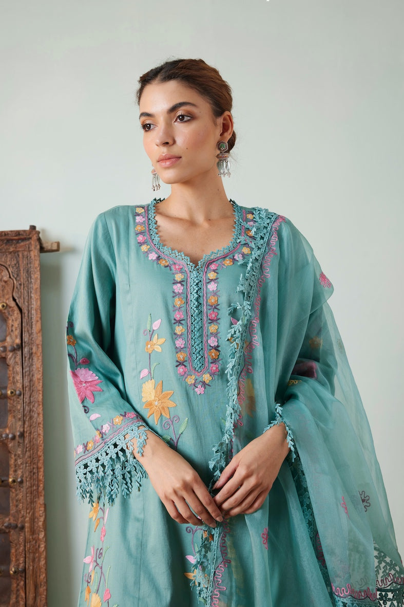 Persian Green Kalidar Cotton Pheran Set