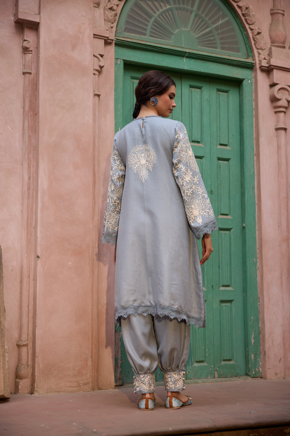 Cloud Blue Pashmina Wool Kurta Set With Harem Pants