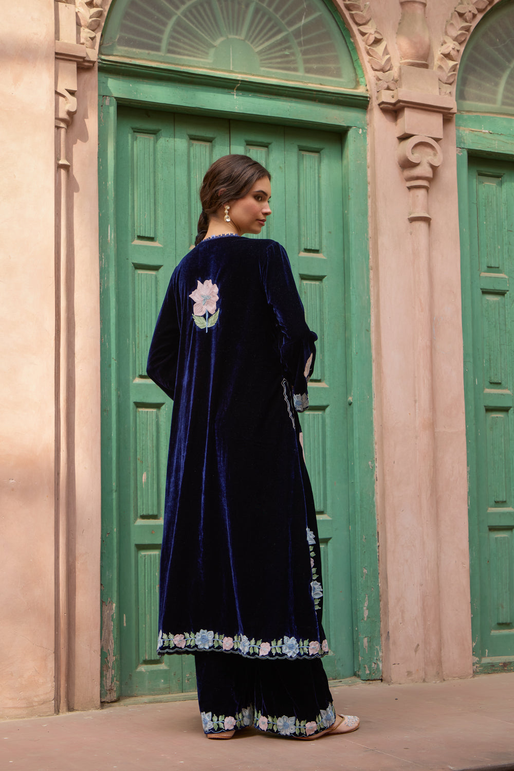 Mirza Royal Blue Silk Velvet Kurta Set With Flared Embroidered Pants