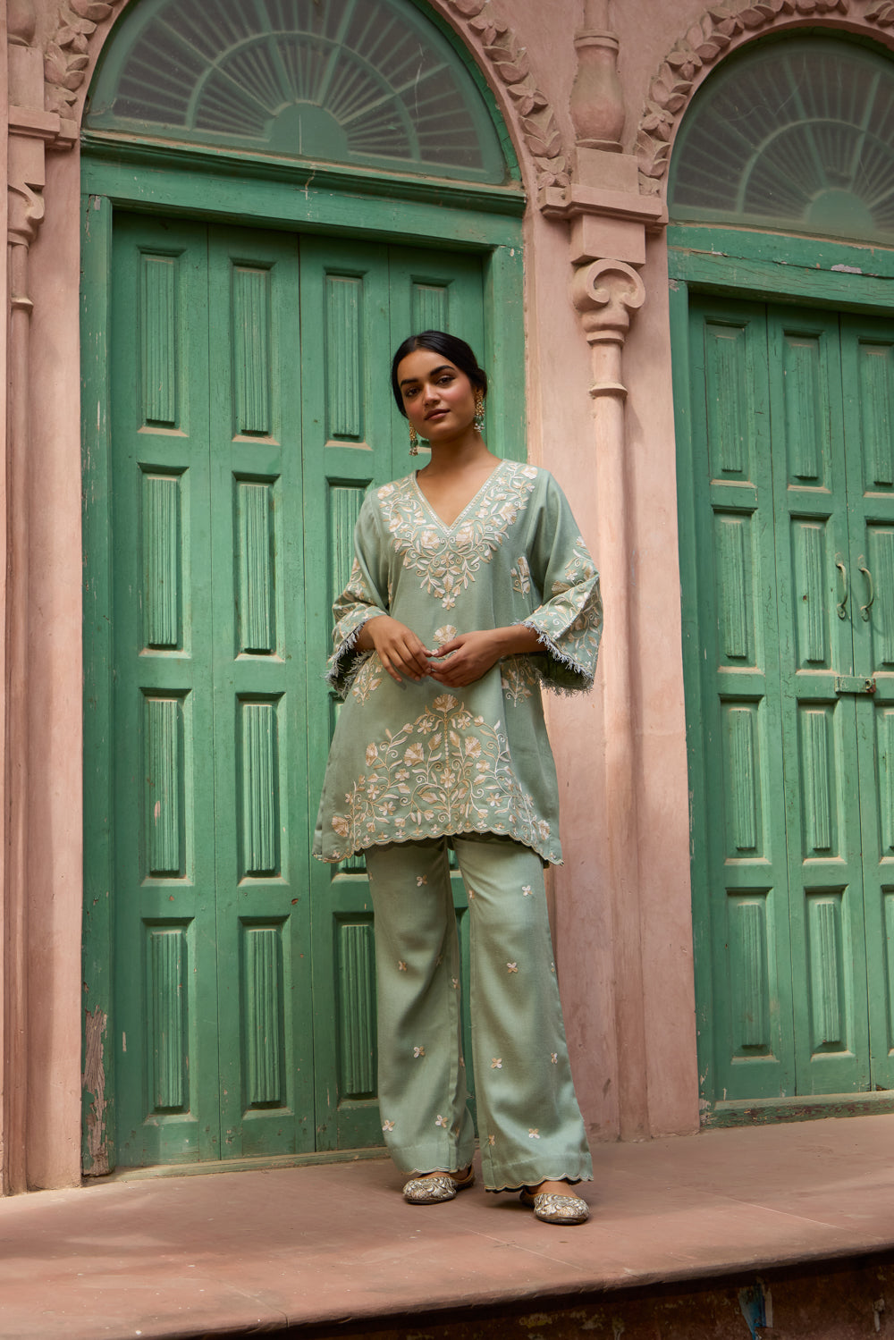 Sage Green Pashmina Wool Short Pheran Set With Booti Embroidered Flared Pants