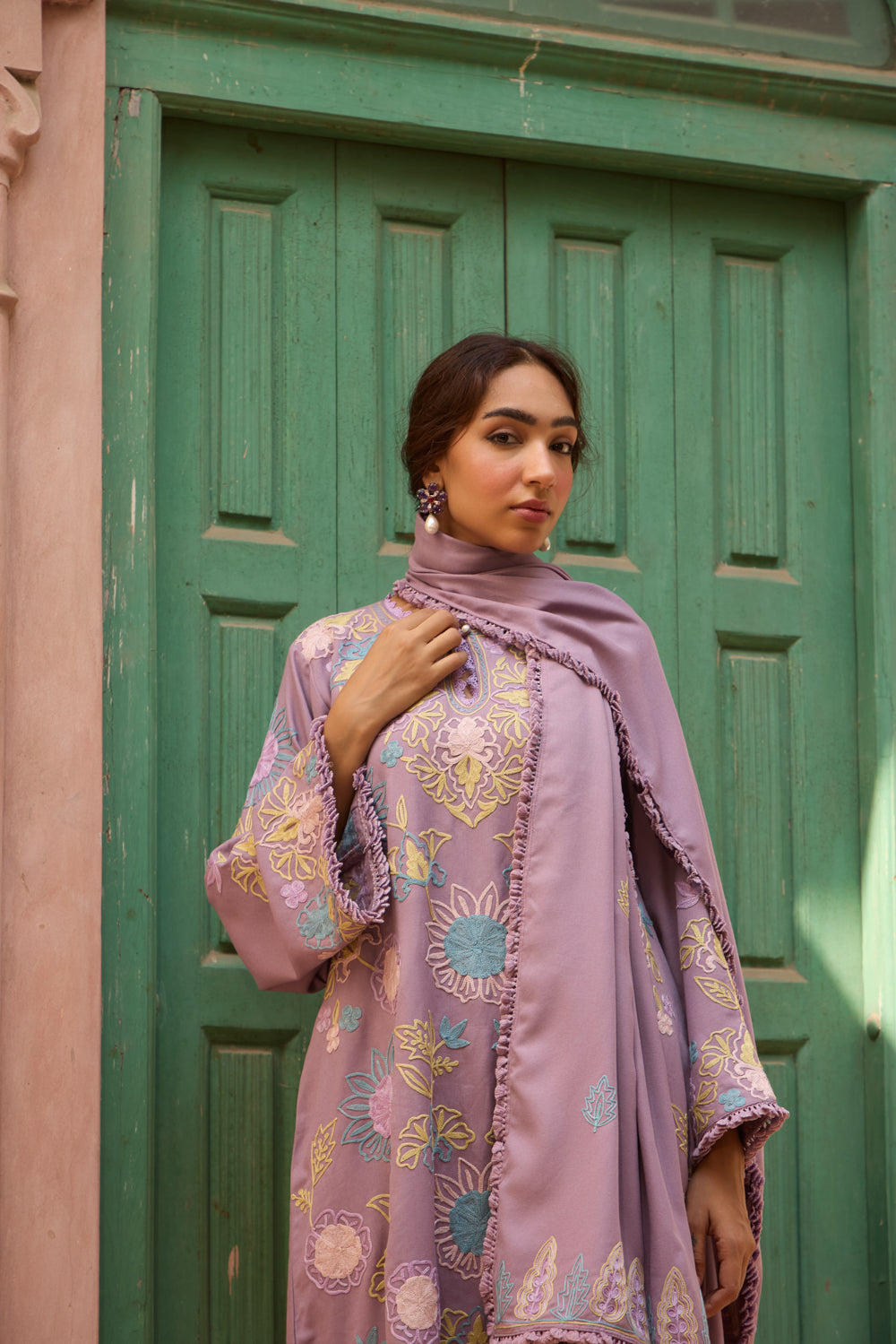 Jama Lilac Pashmina Wool Pheran Set With Flared Pants