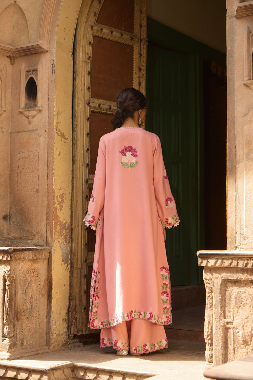 Pink Rose Pashmina Wool Kurta Set With Embroidered Flared Pants