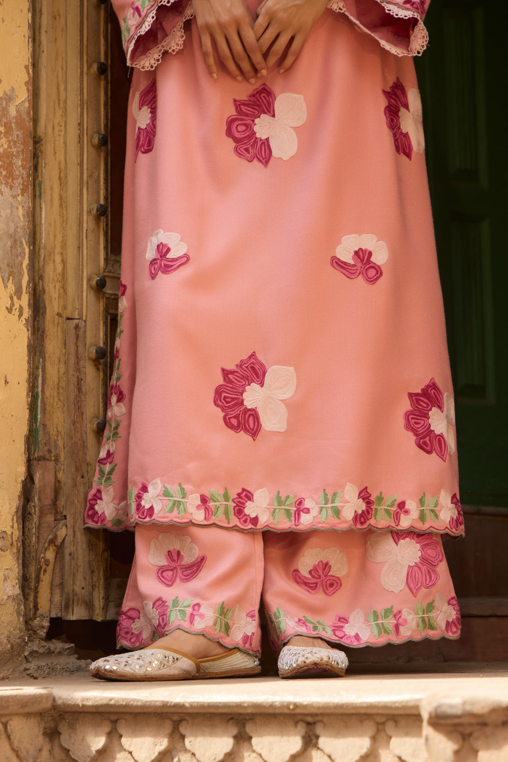 Pink Rose Pashmina Wool Kurta Set With Embroidered Flared Pants