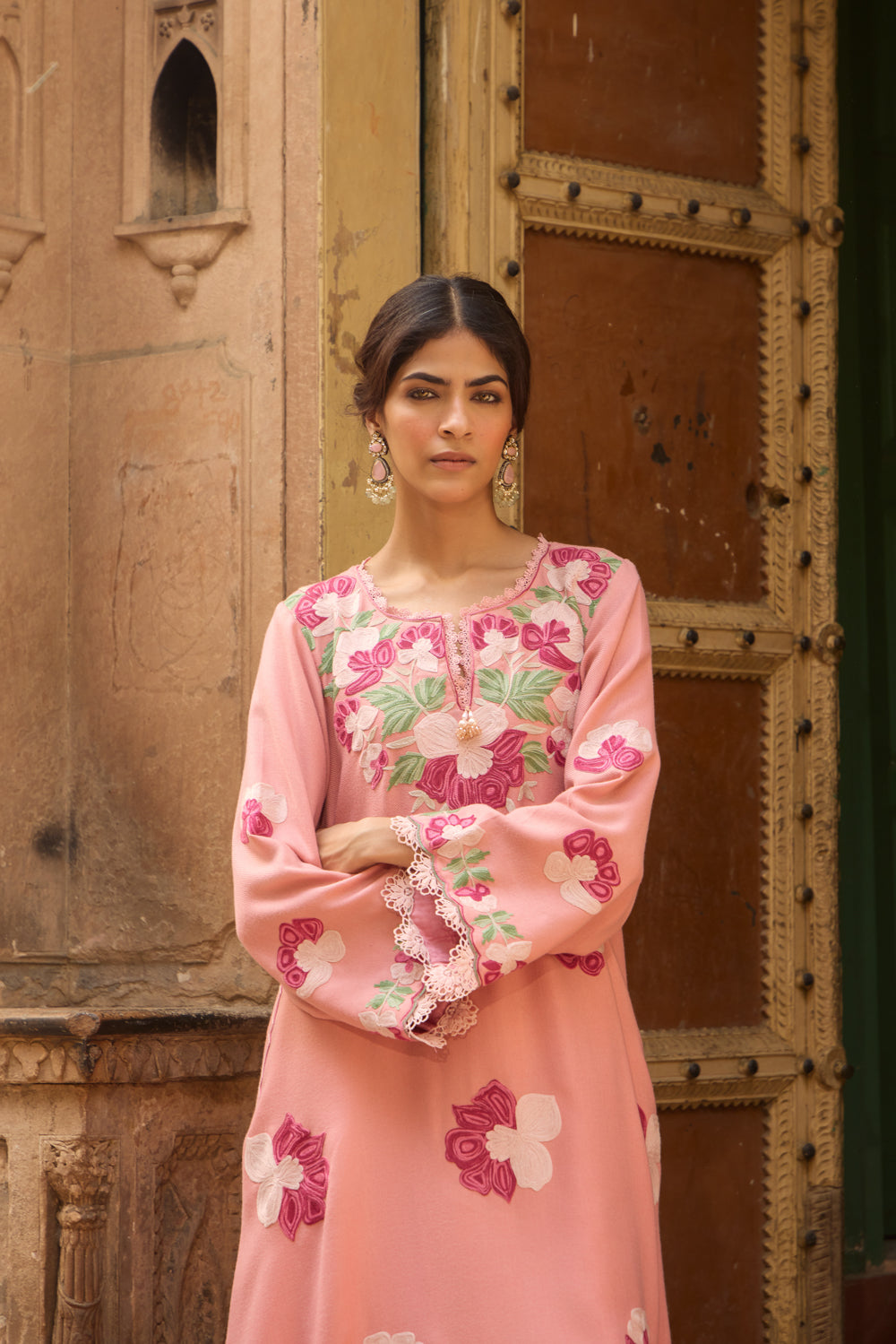 Pink Rose Pashmina Wool Kurta Set With Embroidered Flared Pants