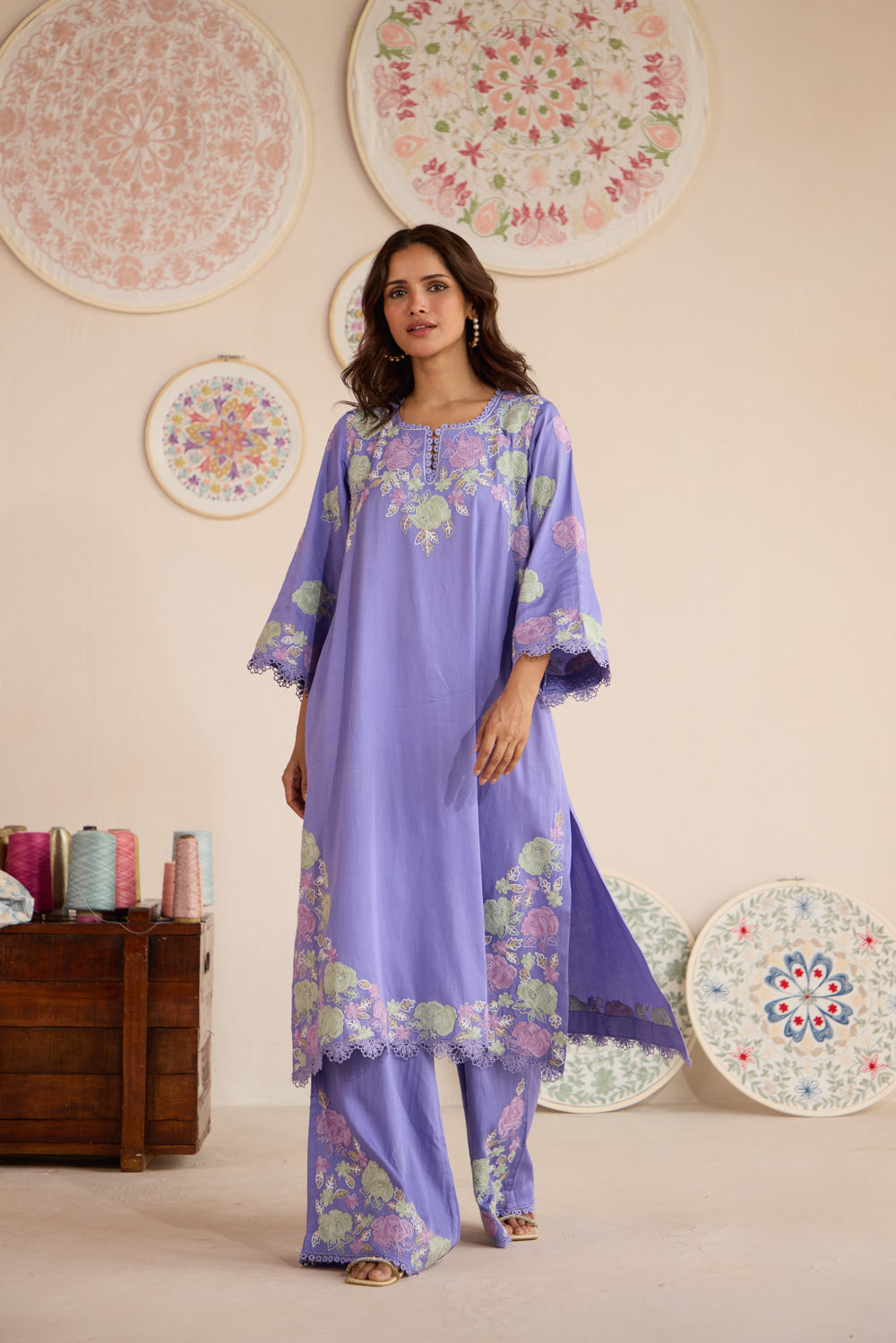 Reet Lavender Cotton Aari kurta Set with Flared Pants & Organza Dupatta