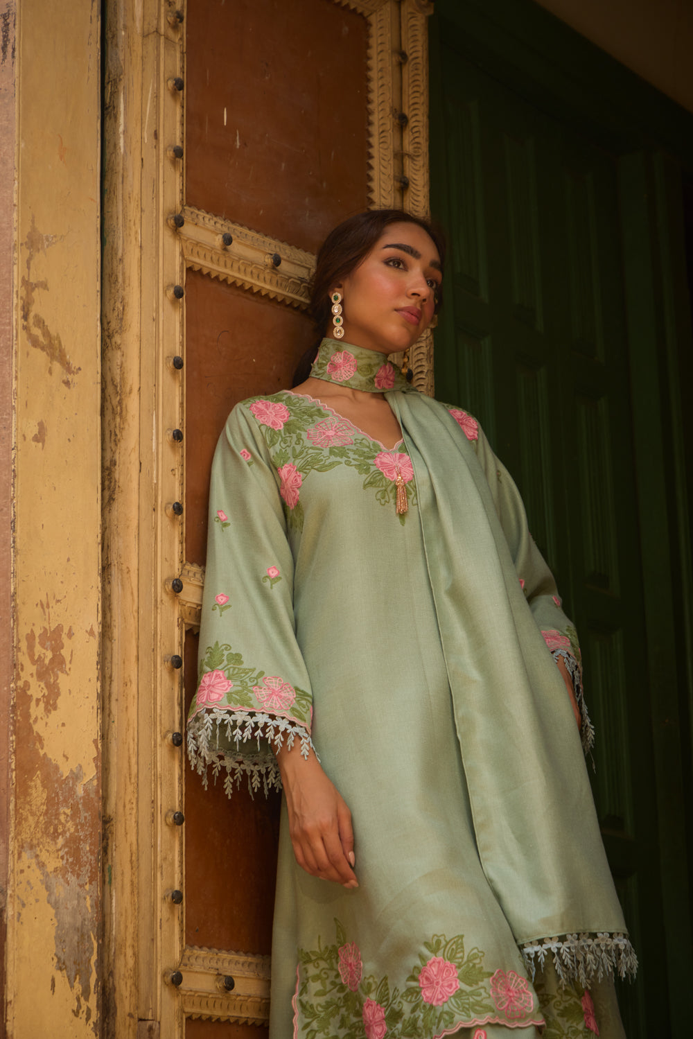 Naughar Sage Green Pashmina Wool Kurta Set With Booti Embroidered Flared Pants