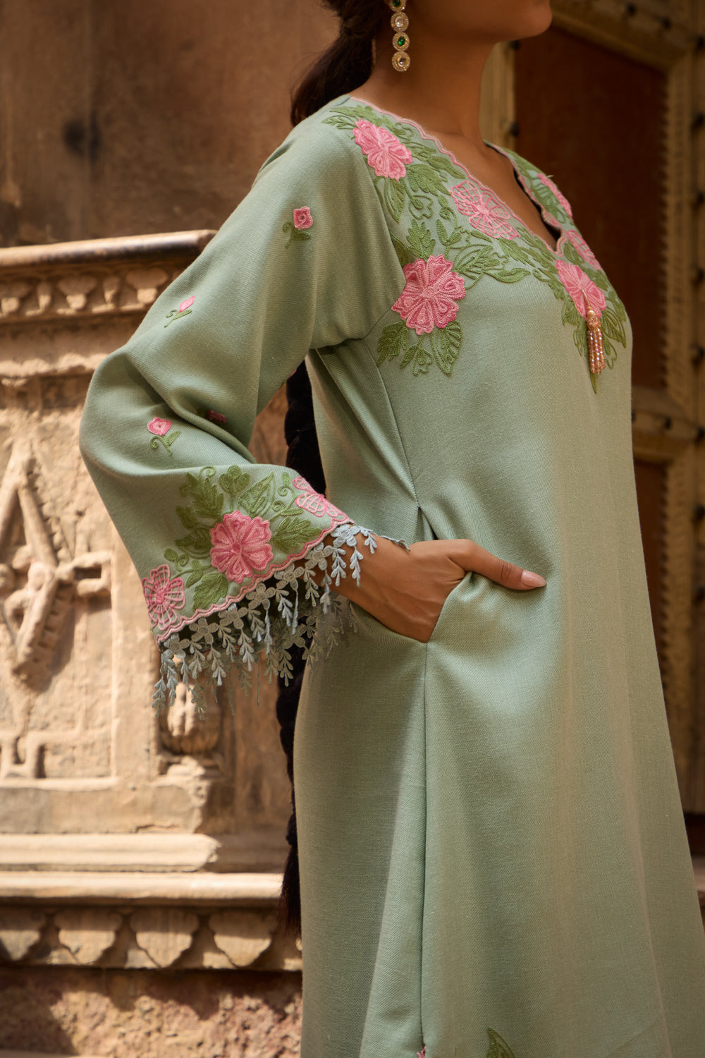 Naughar Sage Green Pashmina Wool Kurta Set With Booti Embroidered Flared Pants