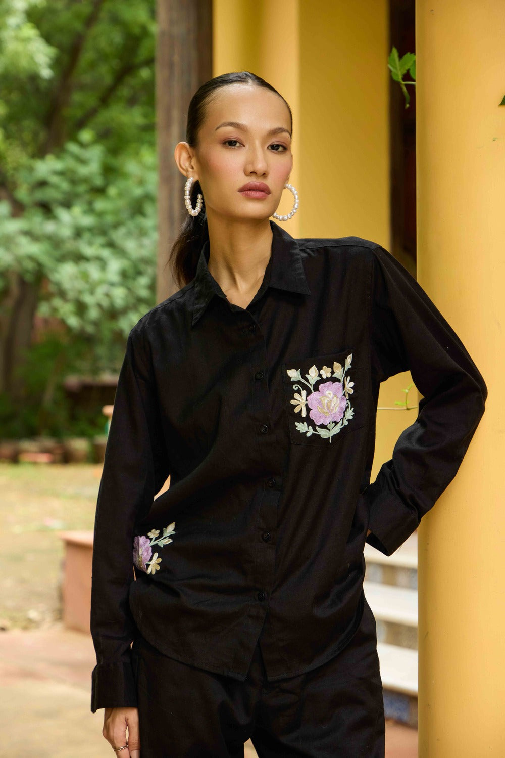 Black Linen Co-ord Set with Flared Embroidered Pants