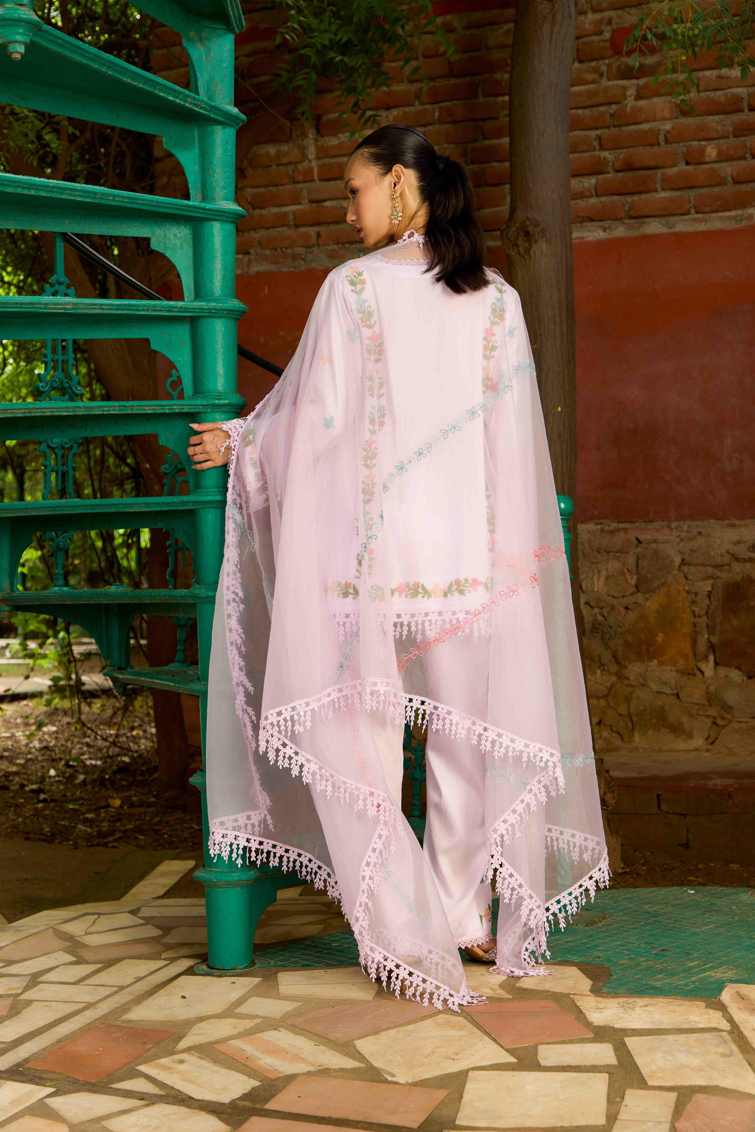 Lilac Bloom Cotton Kalidar Pheran Set with Flared Pants